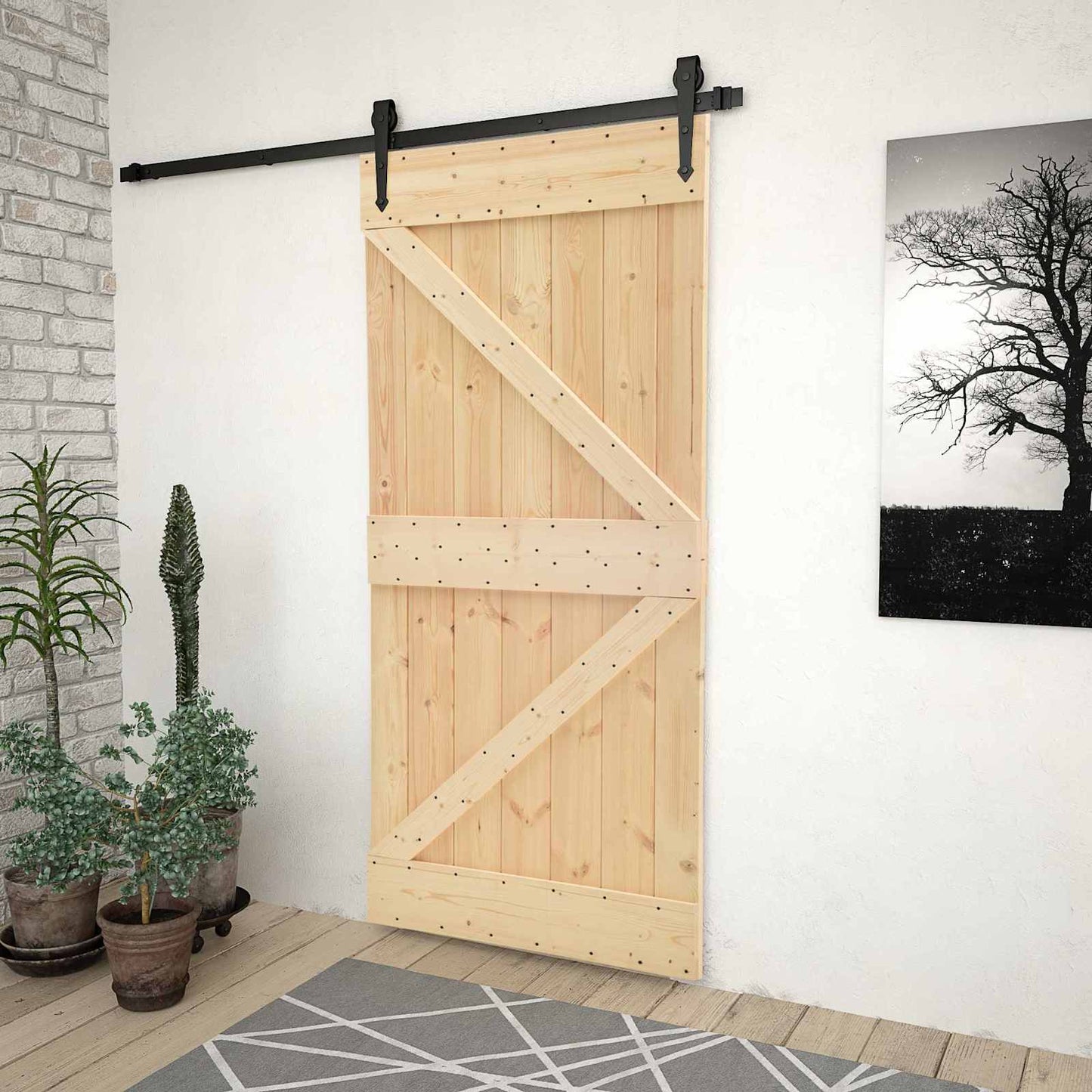 vidaXL Συρόμενη Πόρτα 100 x 210 cm Μασίφ Ξύλο Πεύκου Φυσικό και Μαύρο