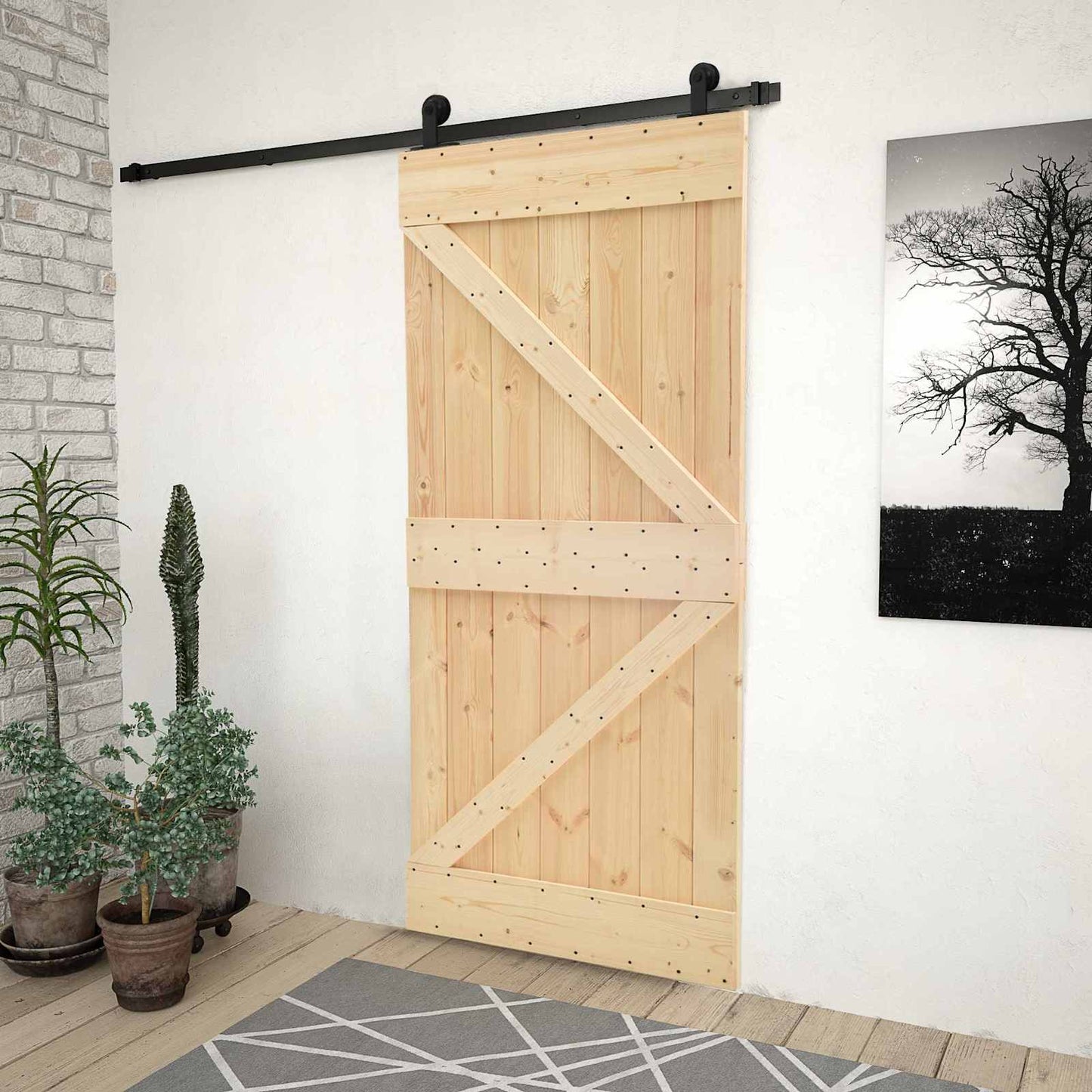 vidaXL Συρόμενη Πόρτα 100 x 210 cm Μασίφ Ξύλο Πεύκου Φυσικό και Μαύρο