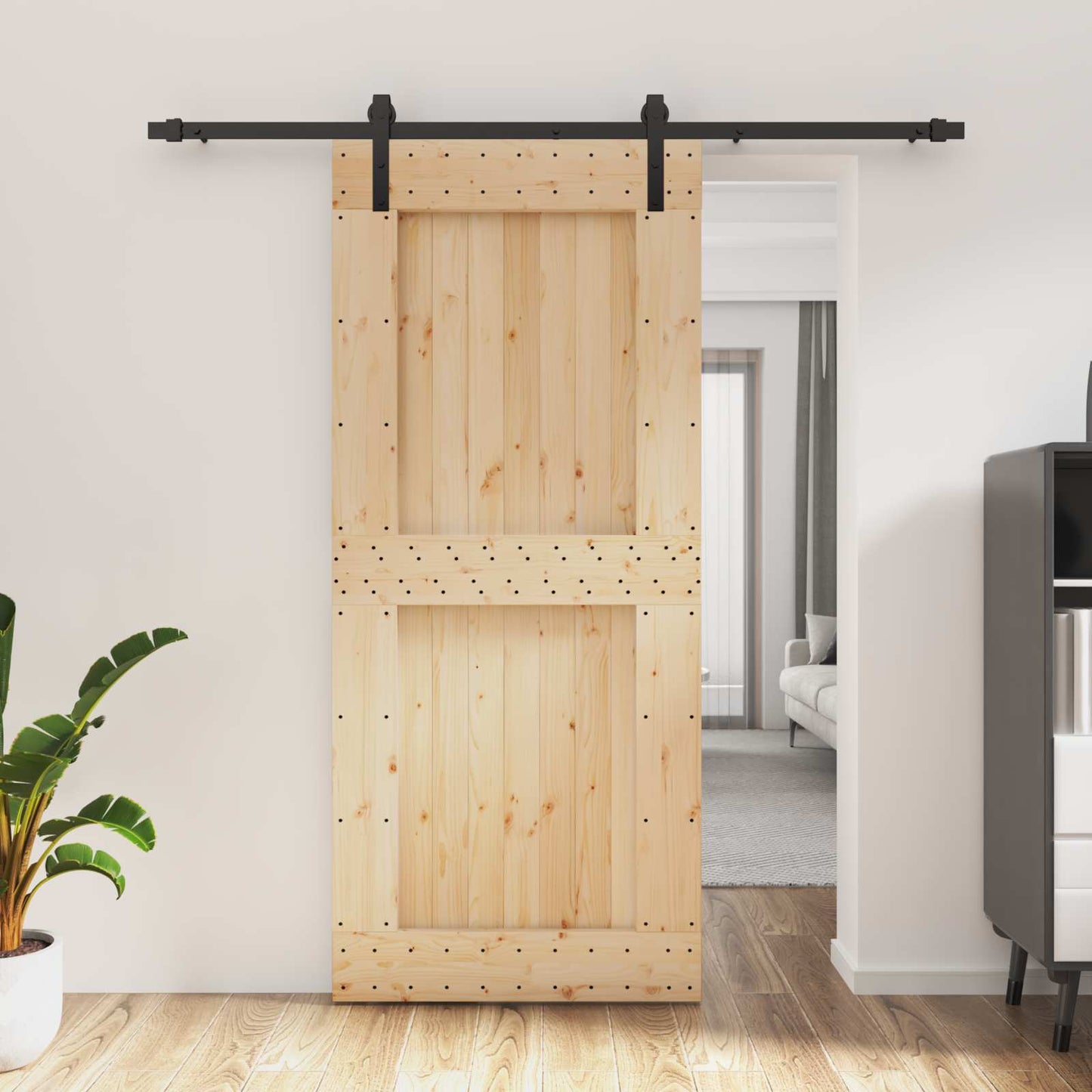 vidaXL Συρόμενη Πόρτα 90 x 210 cm Συμπαγές Ξύλο Πεύκου (Ακατέργαστο)