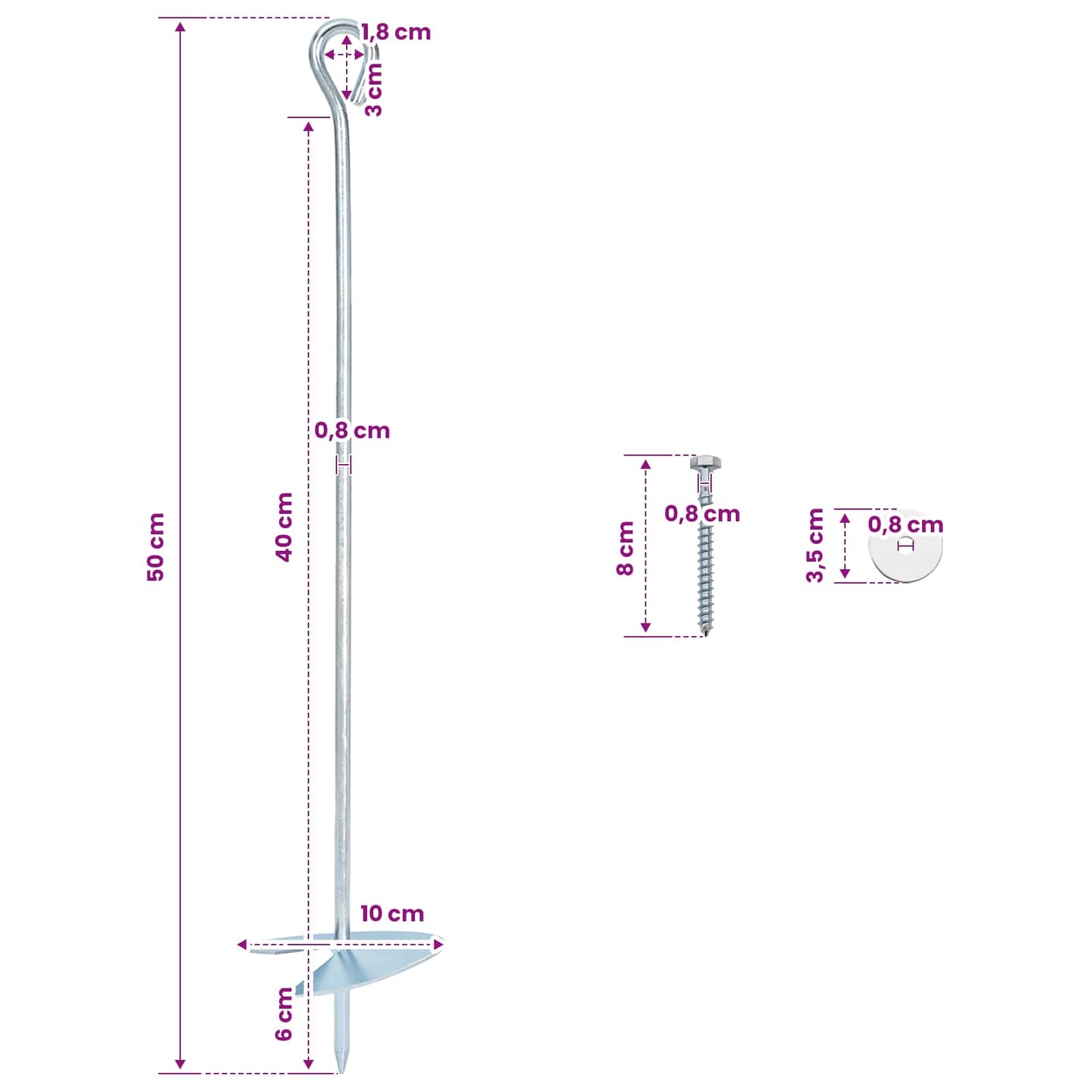 vidaXL Γείωση 2 pcs Ασημί Ø10 x 50 εκ Γαλβανισμένο Μέταλλο