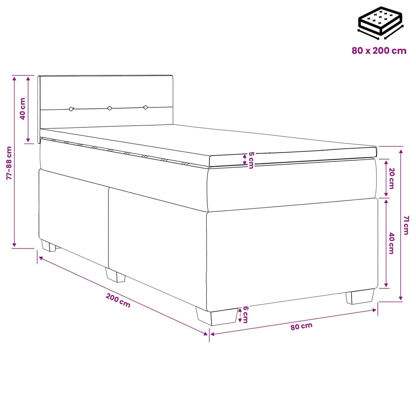 vidaXL Κρεβάτι box spring με στρώμα Μαύρο 80 x 200 cm Ύφασμα