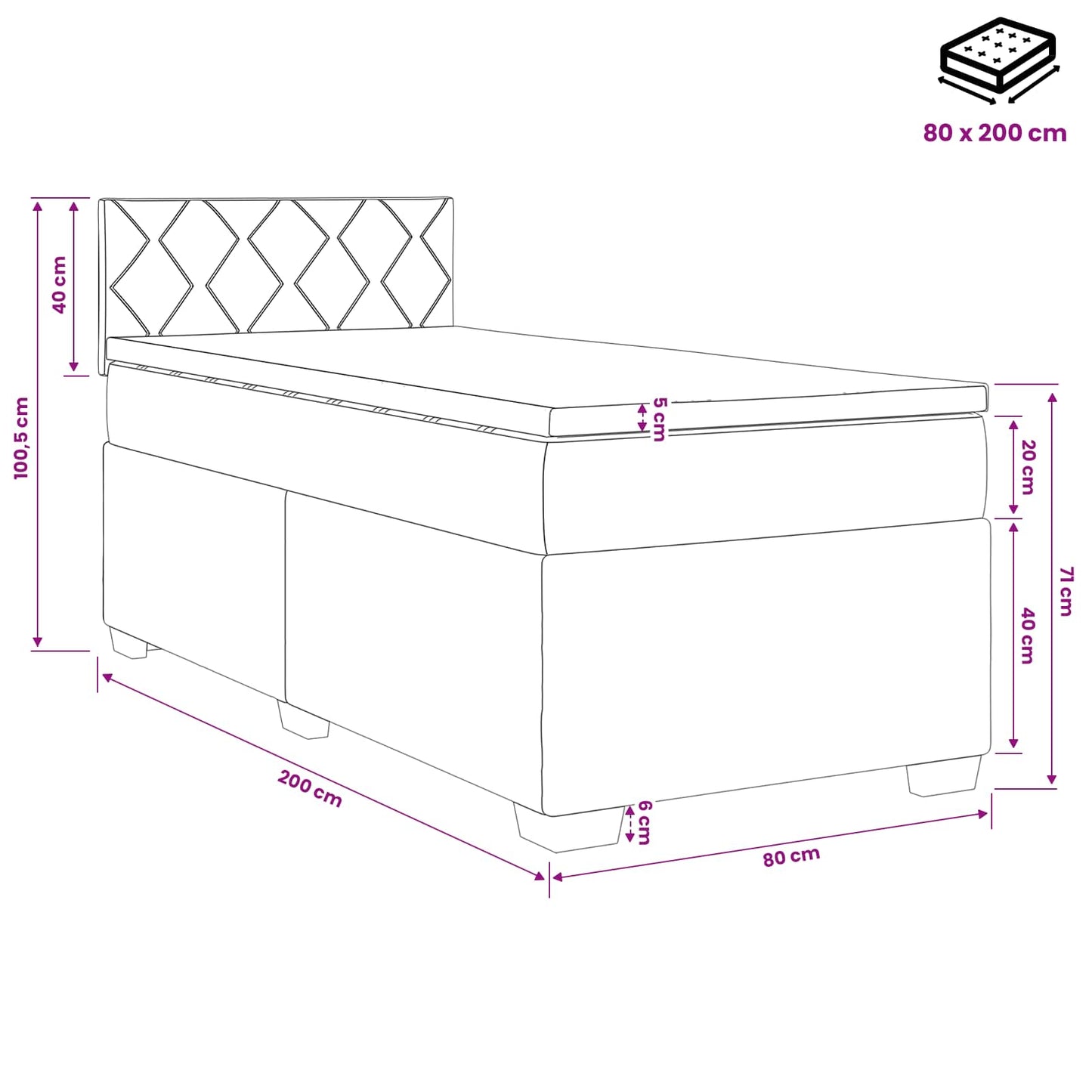 vidaXL Κρεβάτι box spring με στρώμα Μαύρο 80 x 200 cm Ύφασμα