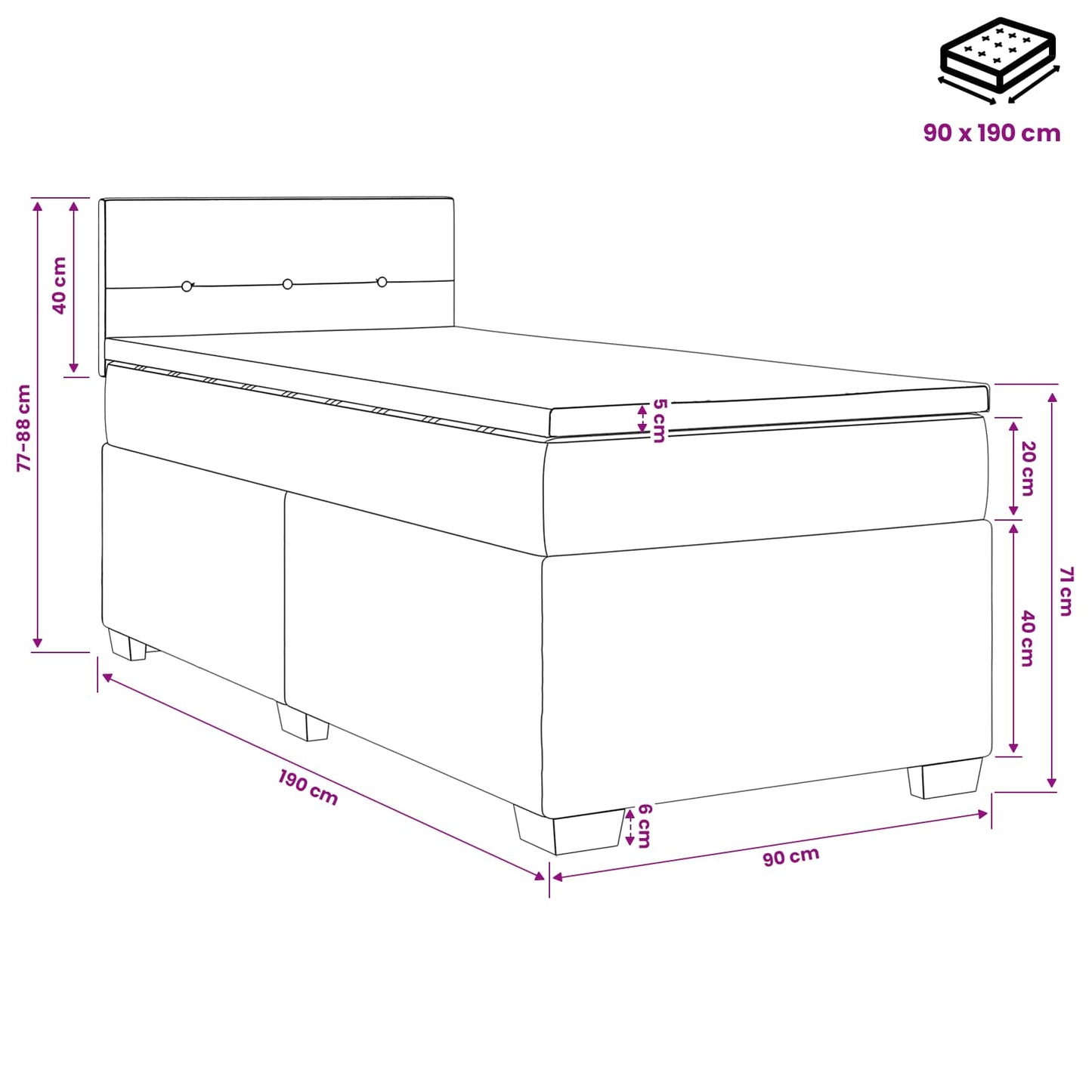 vidaXL Κρεβάτι box spring με στρώμα Σκούρο Γκρι 90 x 190 cm Ύφασμα