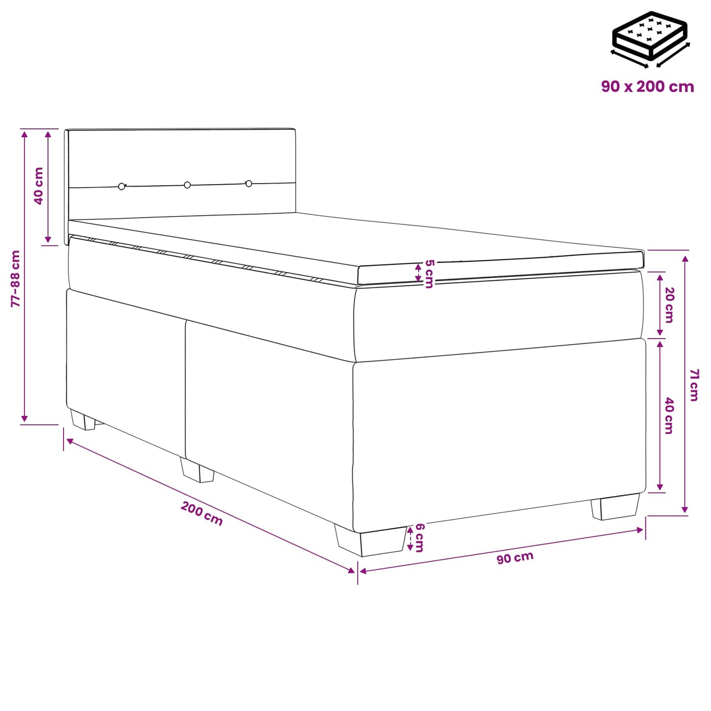 vidaXL Κρεβάτι box spring με στρώμα Μαύρο 90 x 200 cm Ύφασμα