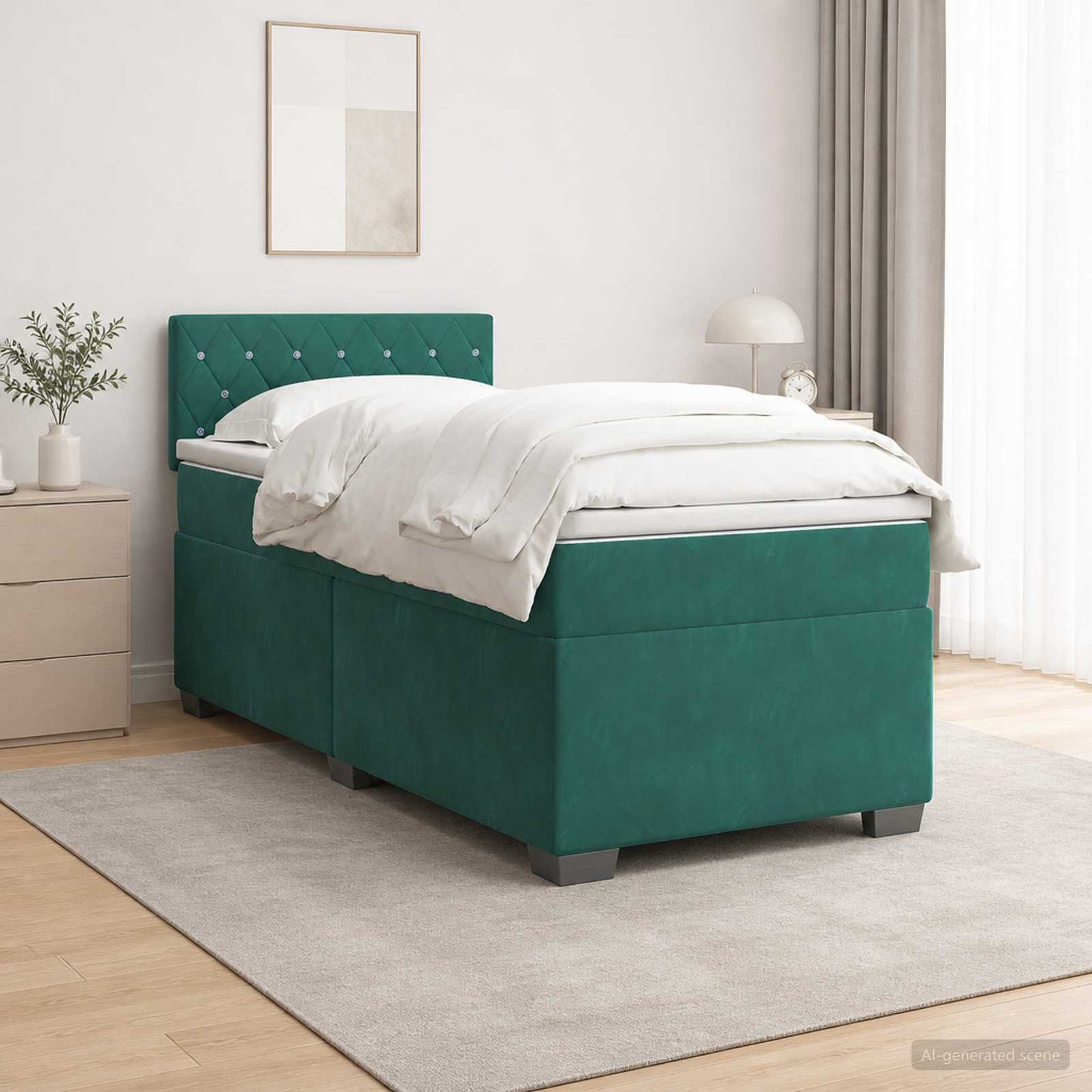 vidaXL Κρεβάτι Box Spring με Στρώμα και LED Σκούρο Πράσινο Βελούδο