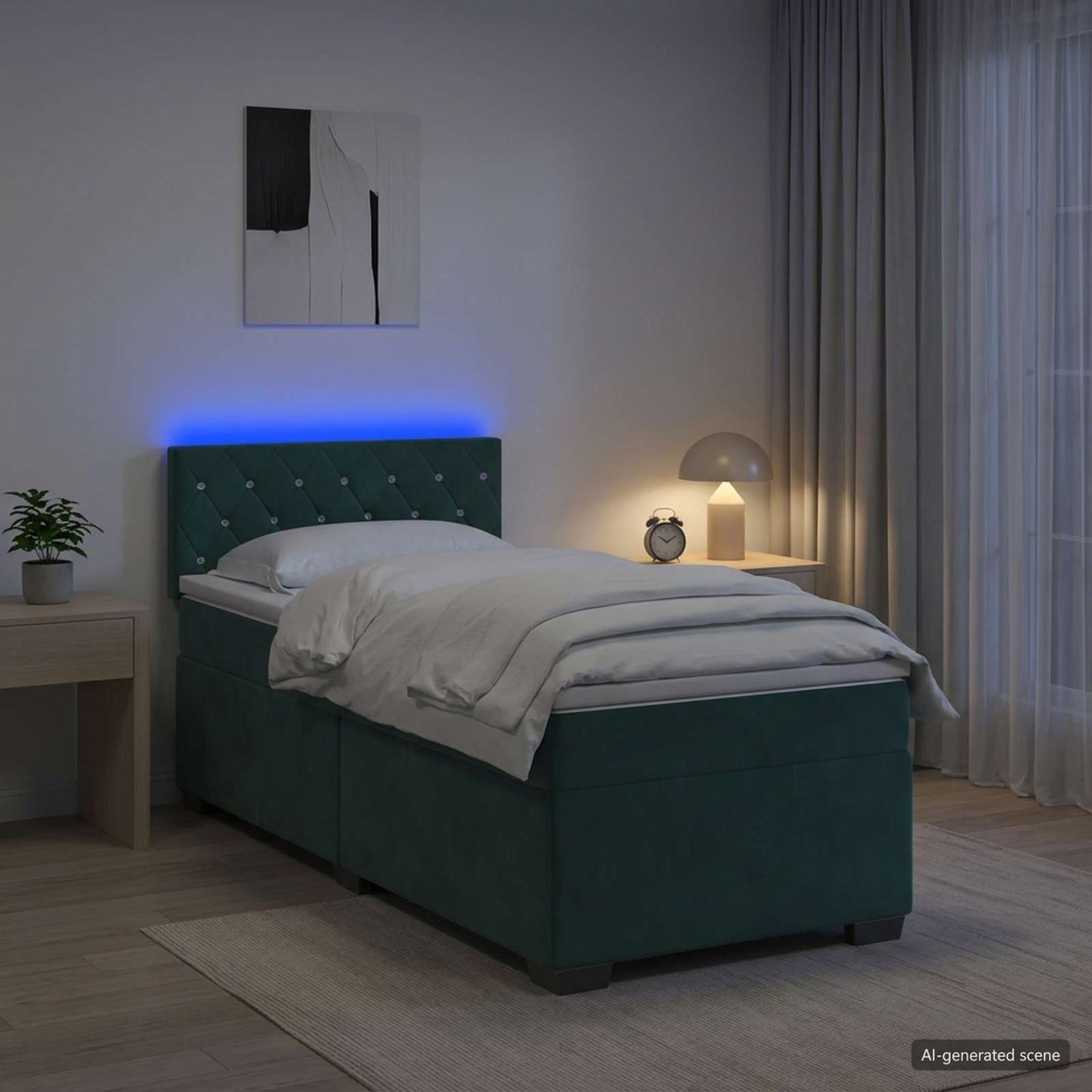 vidaXL Κρεβάτι Box Spring με Στρώμα και LED Σκούρο Πράσινο Βελούδο