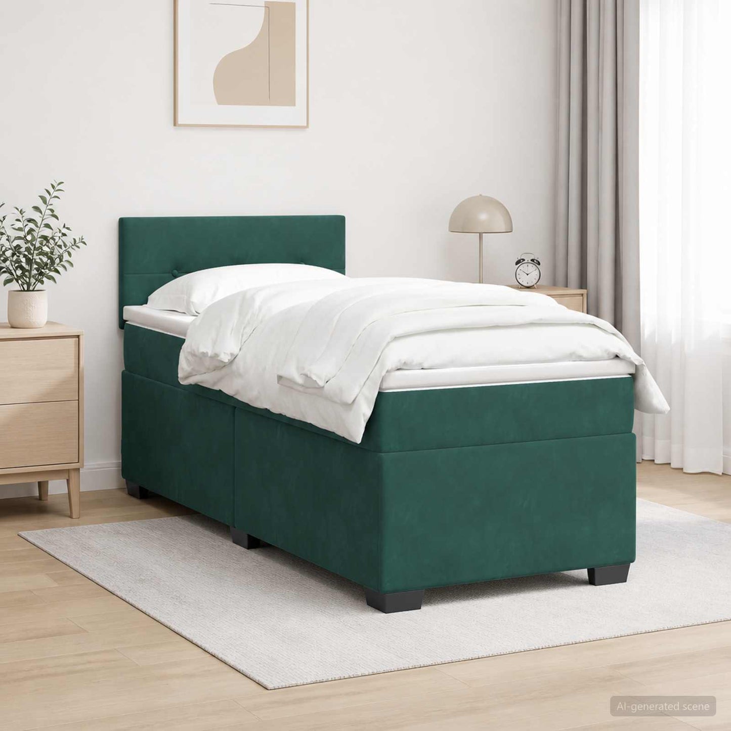 vidaXL Κρεβάτι Box Spring με Στρώμα και LED Σκούρο Πράσινο Βελούδο