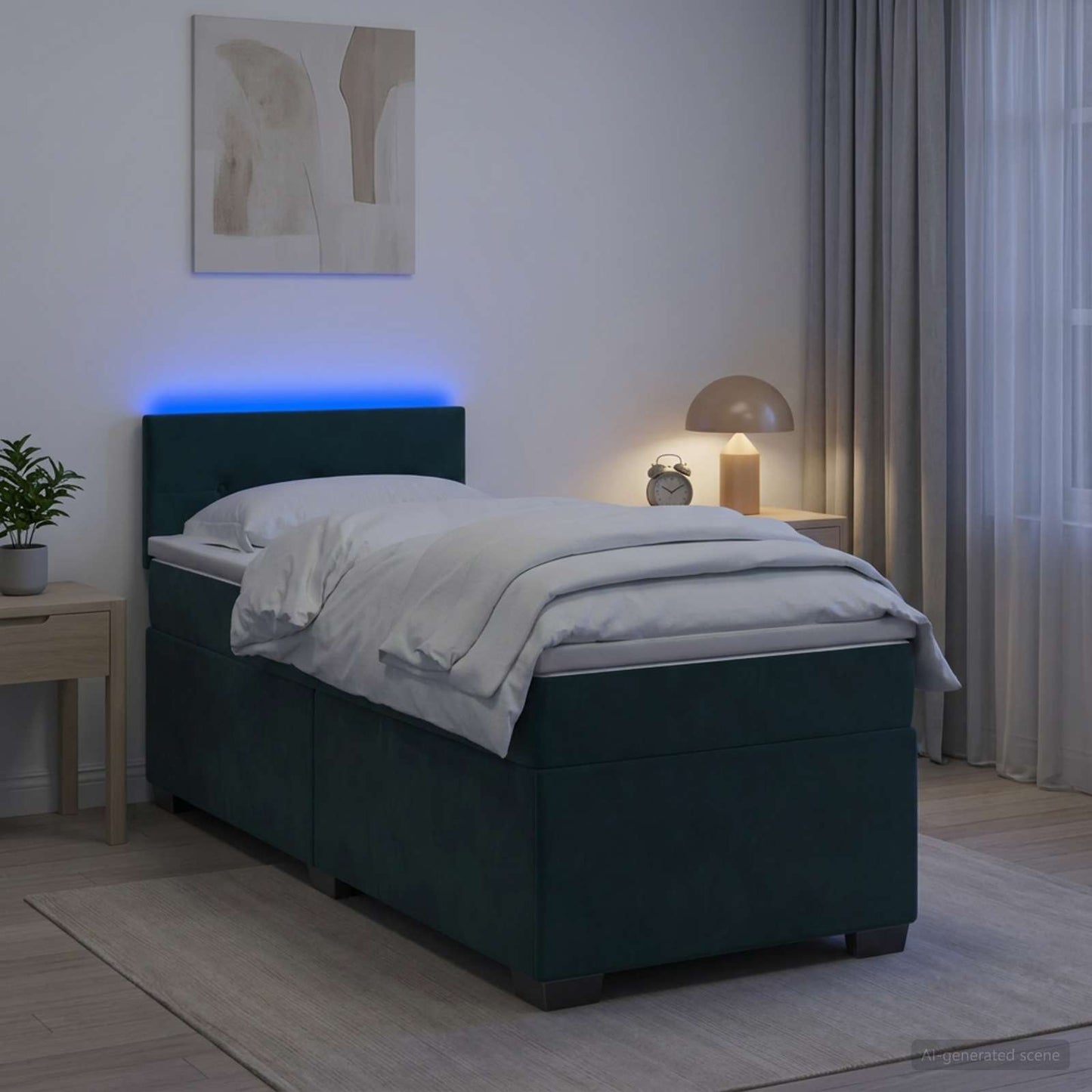 vidaXL Κρεβάτι Box Spring με Στρώμα και LED Σκούρο Πράσινο 90 x 200 cm