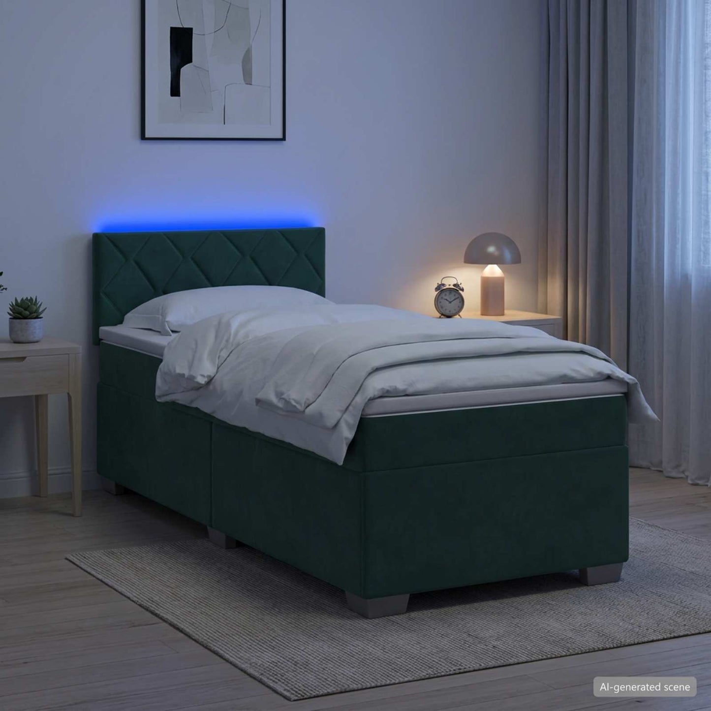 vidaXL Κρεβάτι Box Spring με Στρώμα και LED Σκούρο Πράσινο 90 x 190 cm
