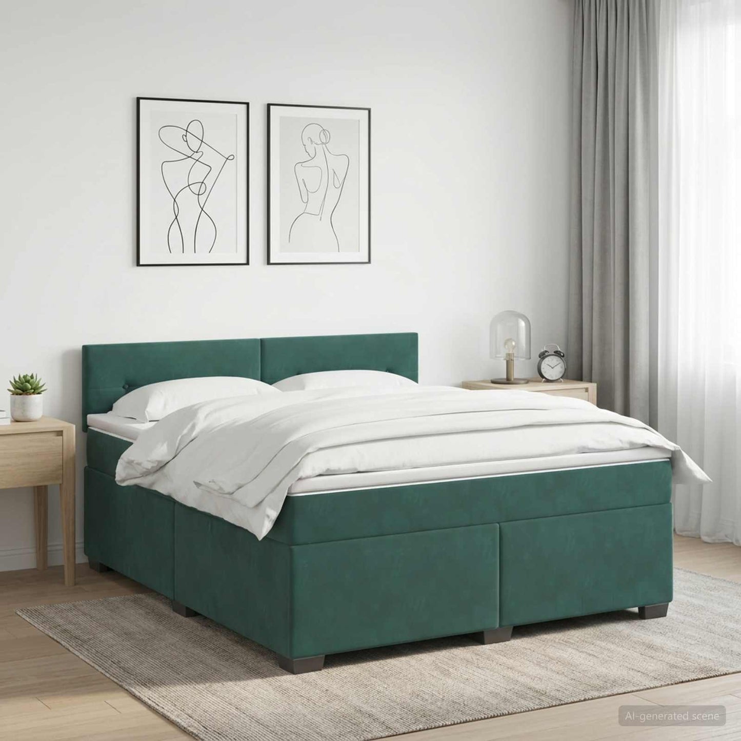 vidaXL Κρεβάτι Box Spring με Στρώμα και LED Σκούρο Πράσινο Βελούδο