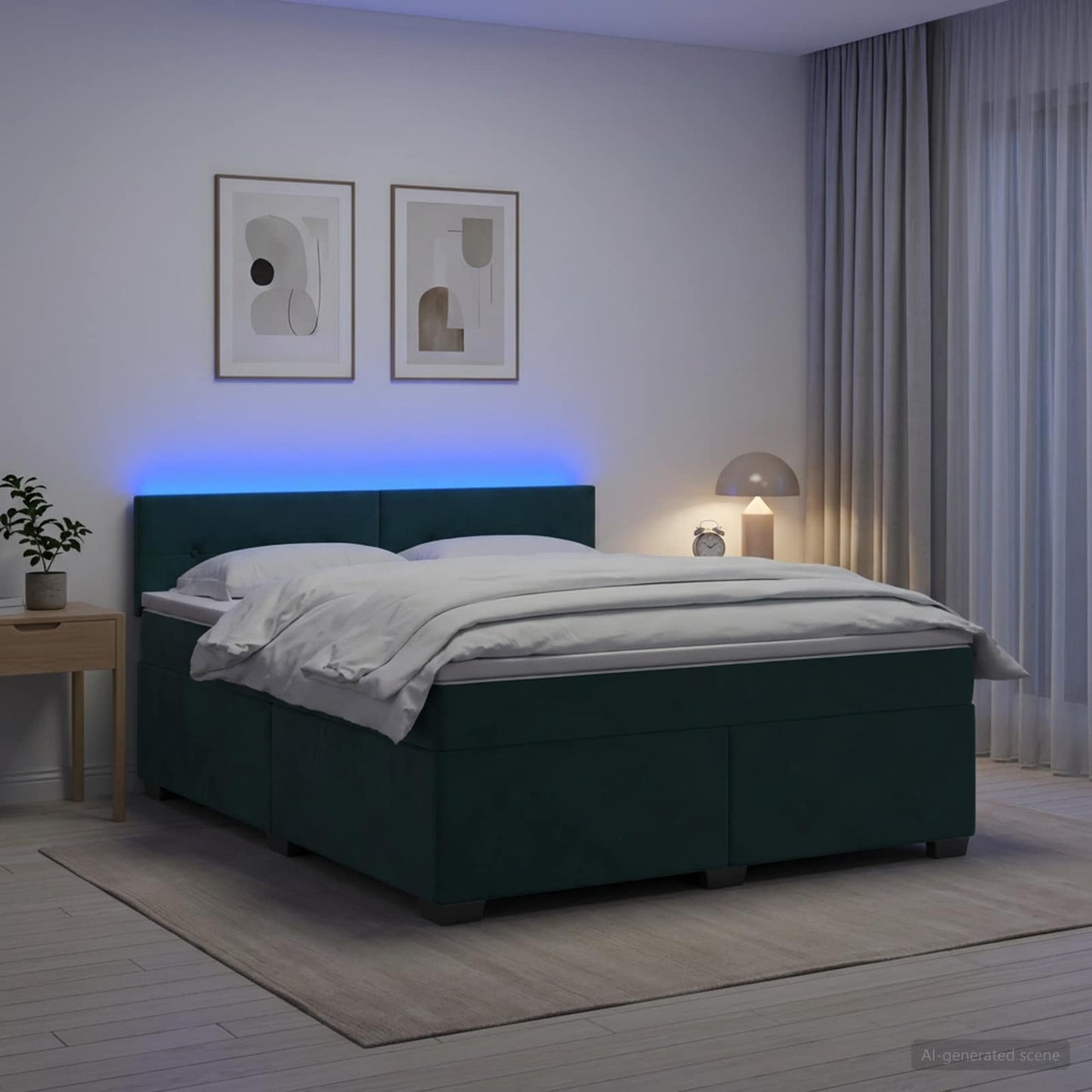 vidaXL Κρεβάτι Box Spring με Στρώμα και LED Σκούρο Πράσινο Βελούδο