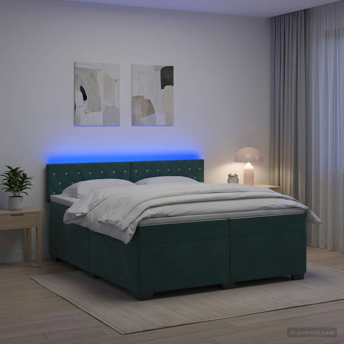 vidaXL Κρεβάτι Box Spring με Στρώμα και LED Σκούρο Πράσινο Βελούδο