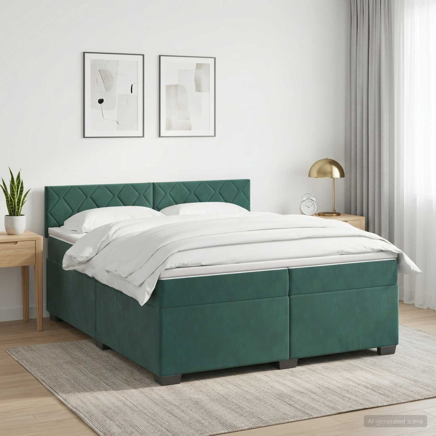 vidaXL Κρεβάτι Box Spring με Στρώμα και LED Σκούρο Πράσινο Βελούδο