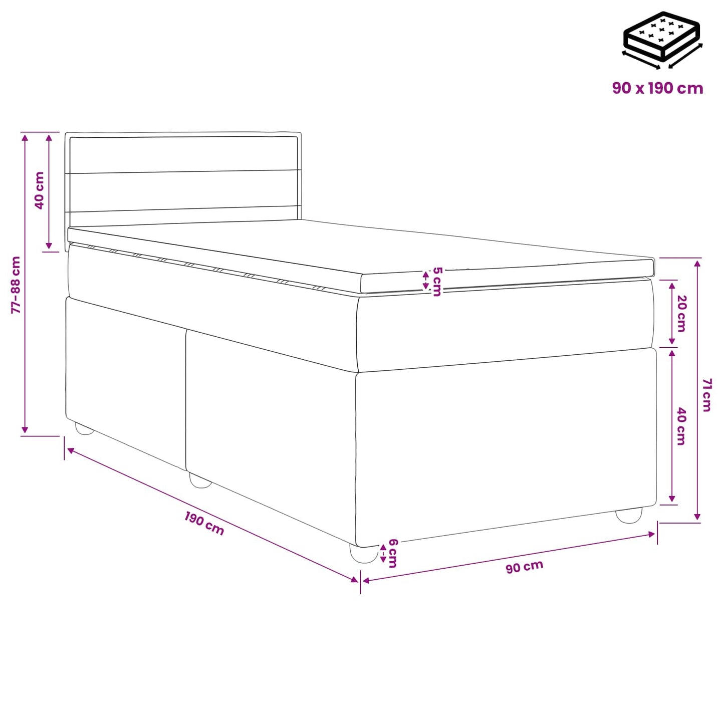 vidaXL Κρεβάτι Box Spring με Στρώμα και LED Ανοιχτό γκρι 90 x 190 cm