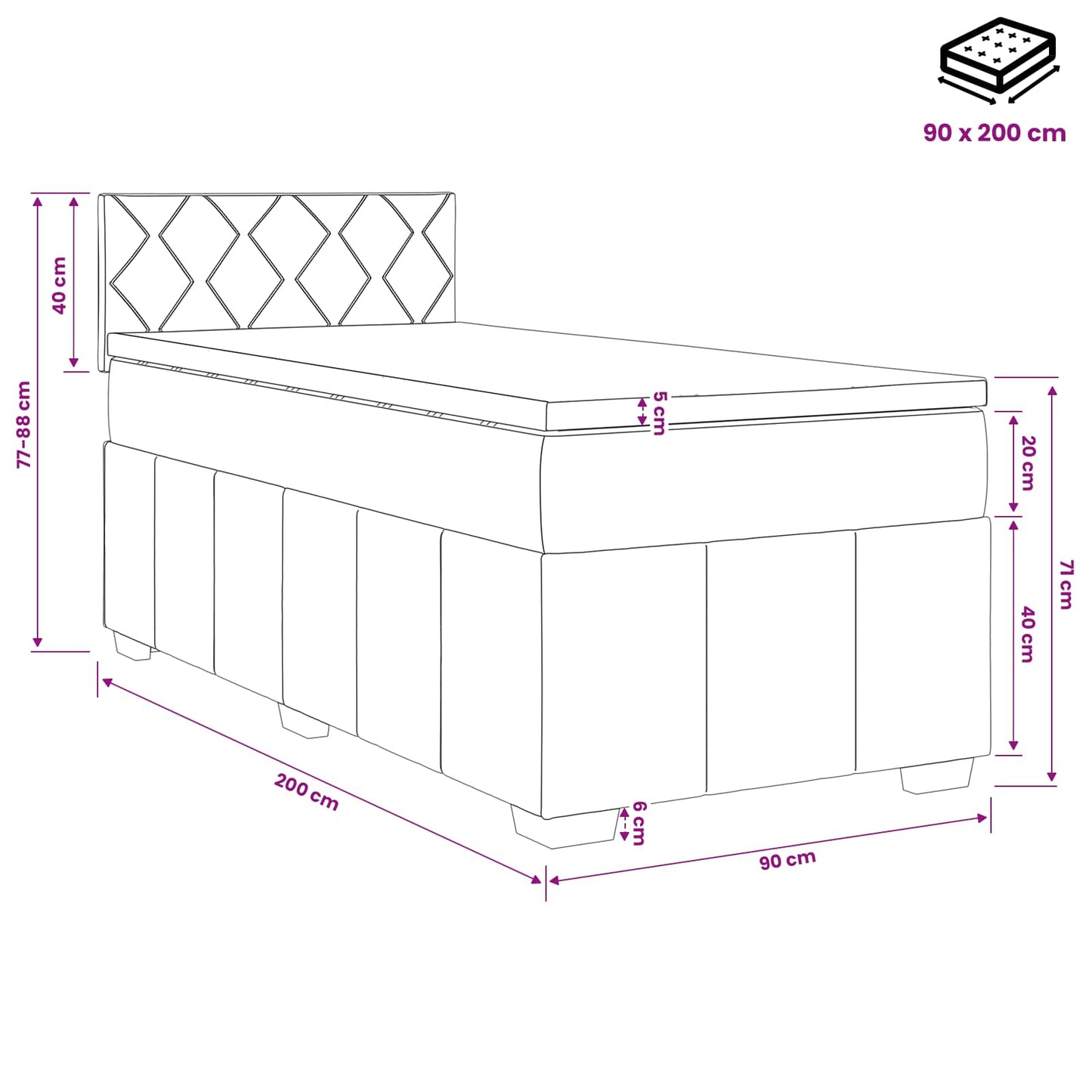 vidaXL Κρεβάτι box spring με στρώμα Μαύρο 90 x 200 cm Ύφασμα
