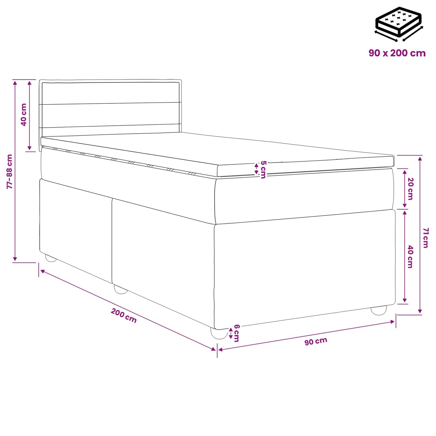 vidaXL Κρεβάτι box spring με στρώμα Σκούρο Γκρι 90 x 200 cm Ύφασμα