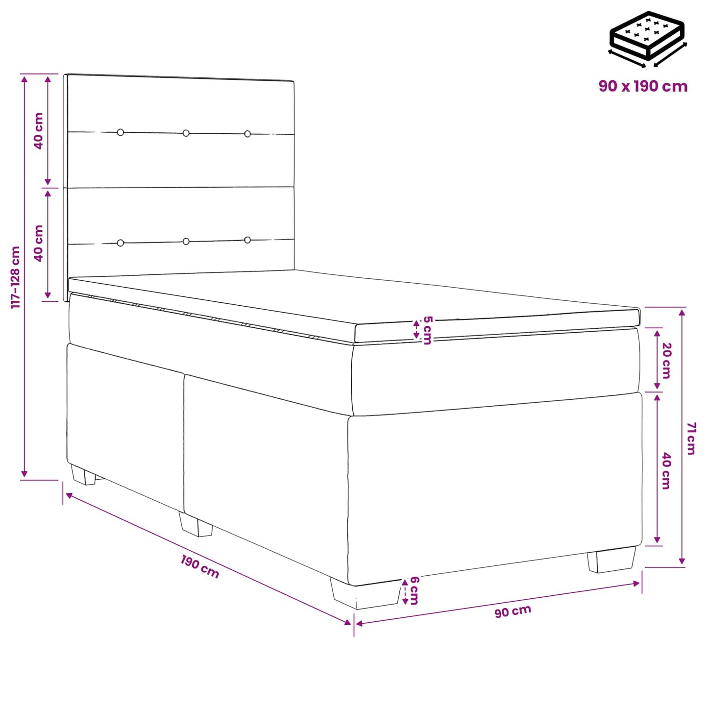 vidaXL Κρεβάτι box spring με στρώμα Σκούρο Γκρι 90 x 190 cm Ύφασμα