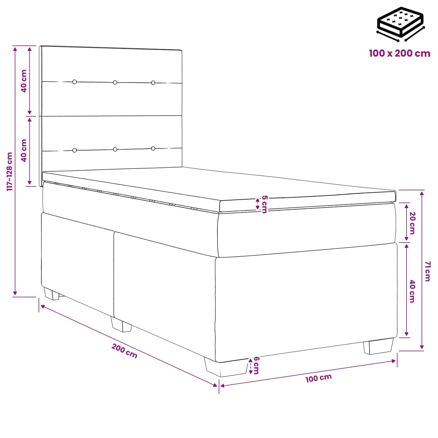 vidaXL Κρεβάτι box spring με στρώμα Μαύρο 100 x 200 cm Ύφασμα