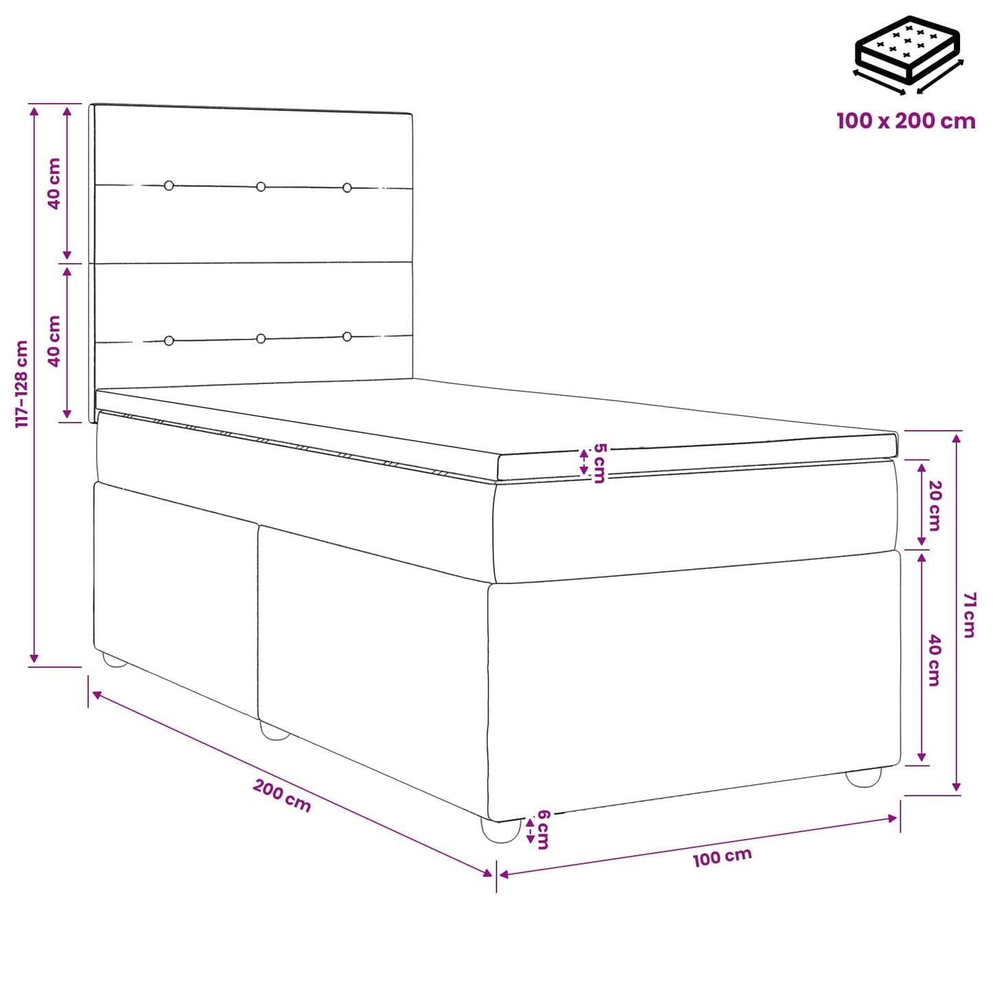vidaXL Κρεβάτι box spring με στρώμα Μαύρο 100 x 200 cm Ύφασμα