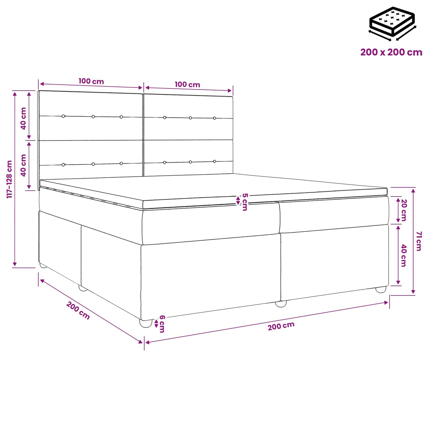 vidaXL Κρεβάτι box spring με στρώμα Μαύρο 200 x 200 cm Ύφασμα
