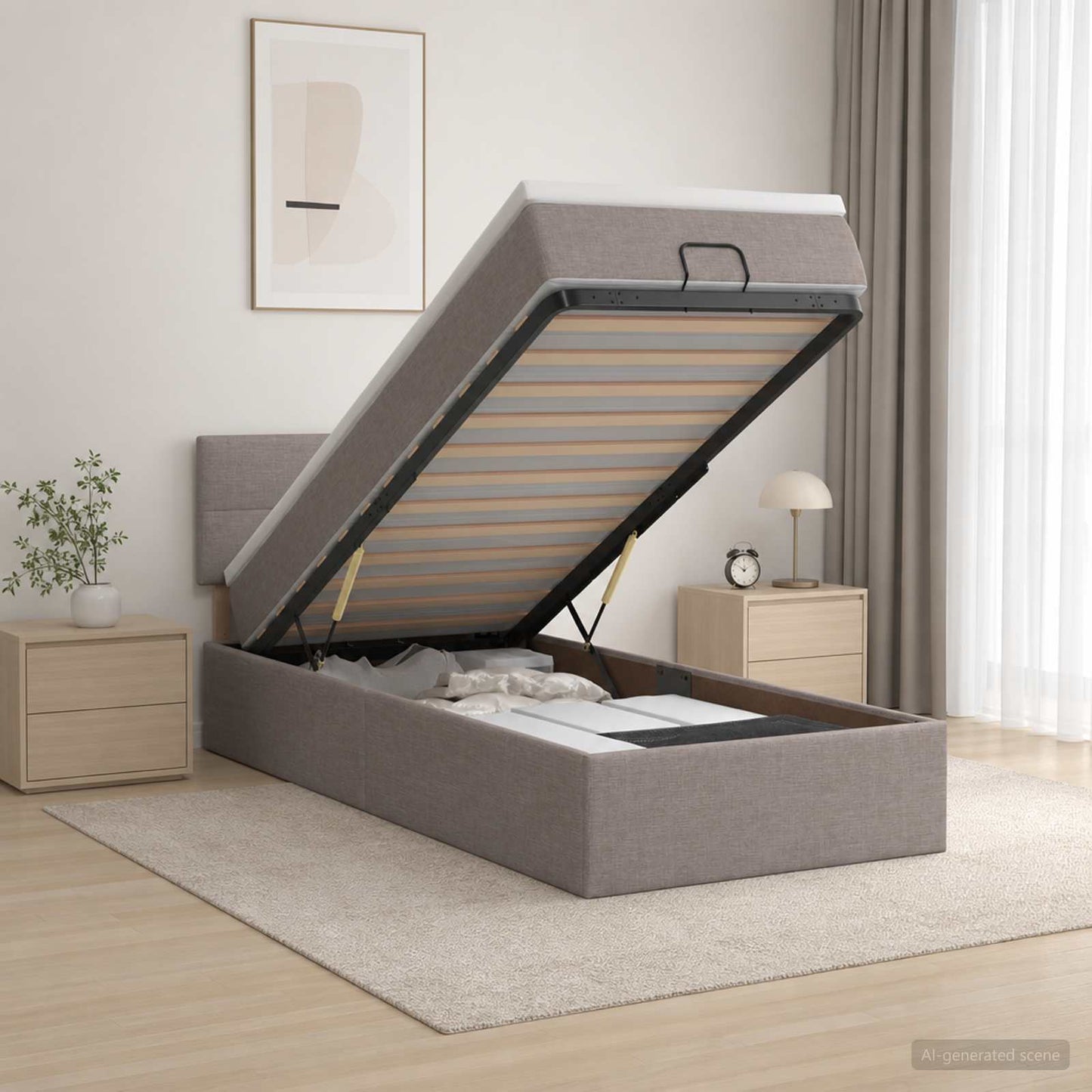 vidaXL Κρεβάτι Ottoman με Στρώμα και LED Taupe 90 x 200 cm Ύφασμα