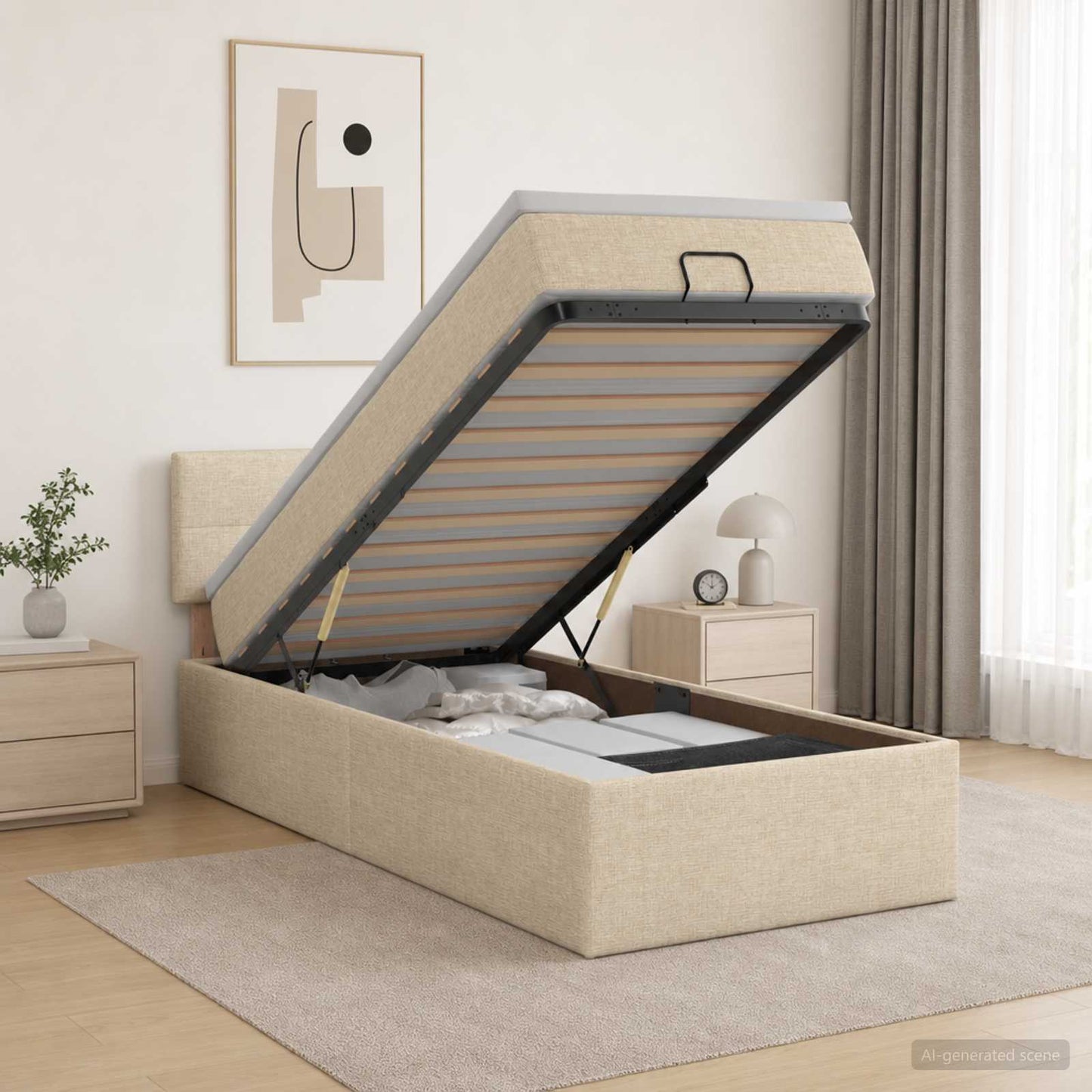 vidaXL Κρεβάτι Ottoman με Στρώμα και LED Κρεμ 90 x 200 cm Ύφασμα