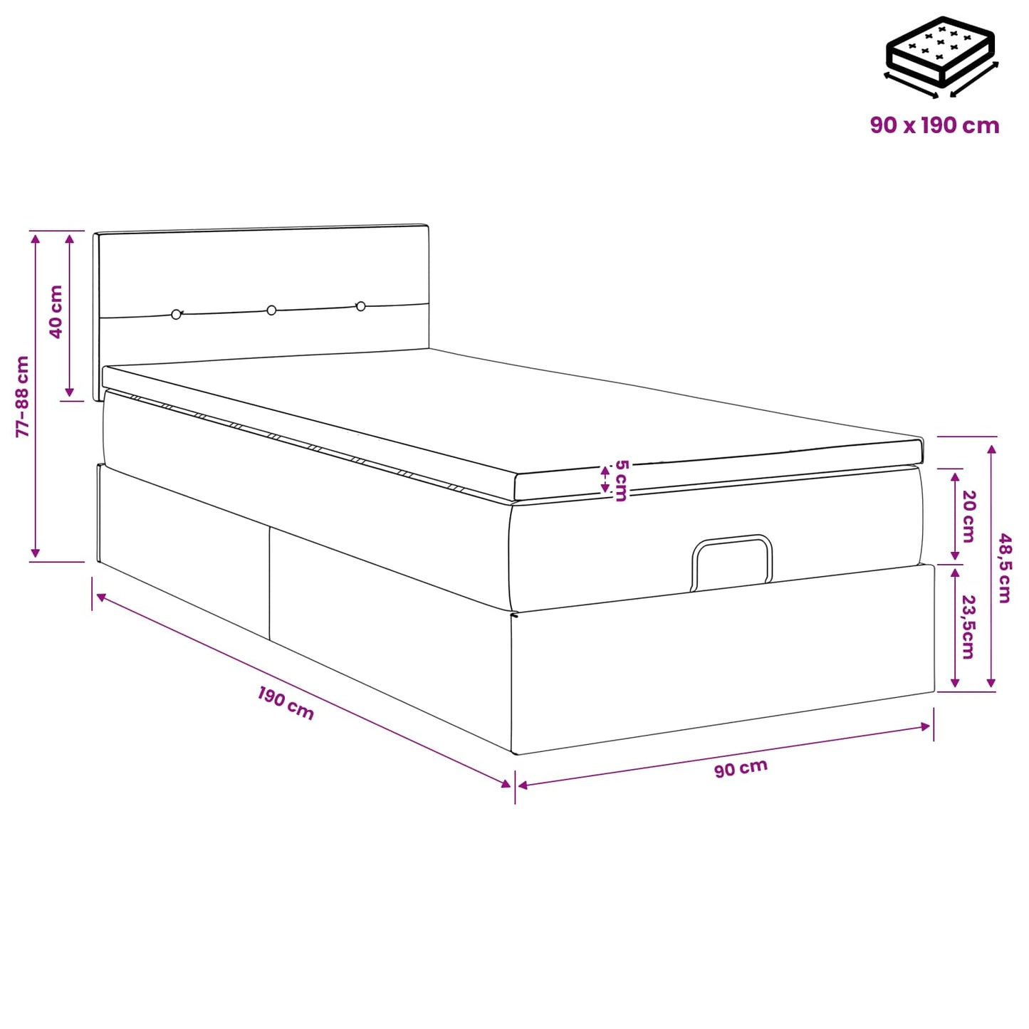 vidaXL Κρεβάτι Ottoman με στρώμα με κεφαλάρι Μαύρο 90 x 190 cm Ύφασμα