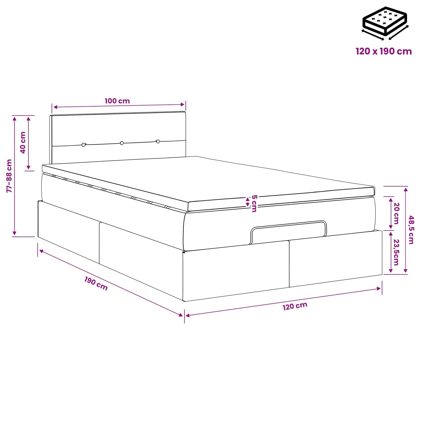 vidaXL Κρεβάτι Ottoman με στρώμα με κεφαλάρι Μαύρο 120 x 190 cm Ύφασμα
