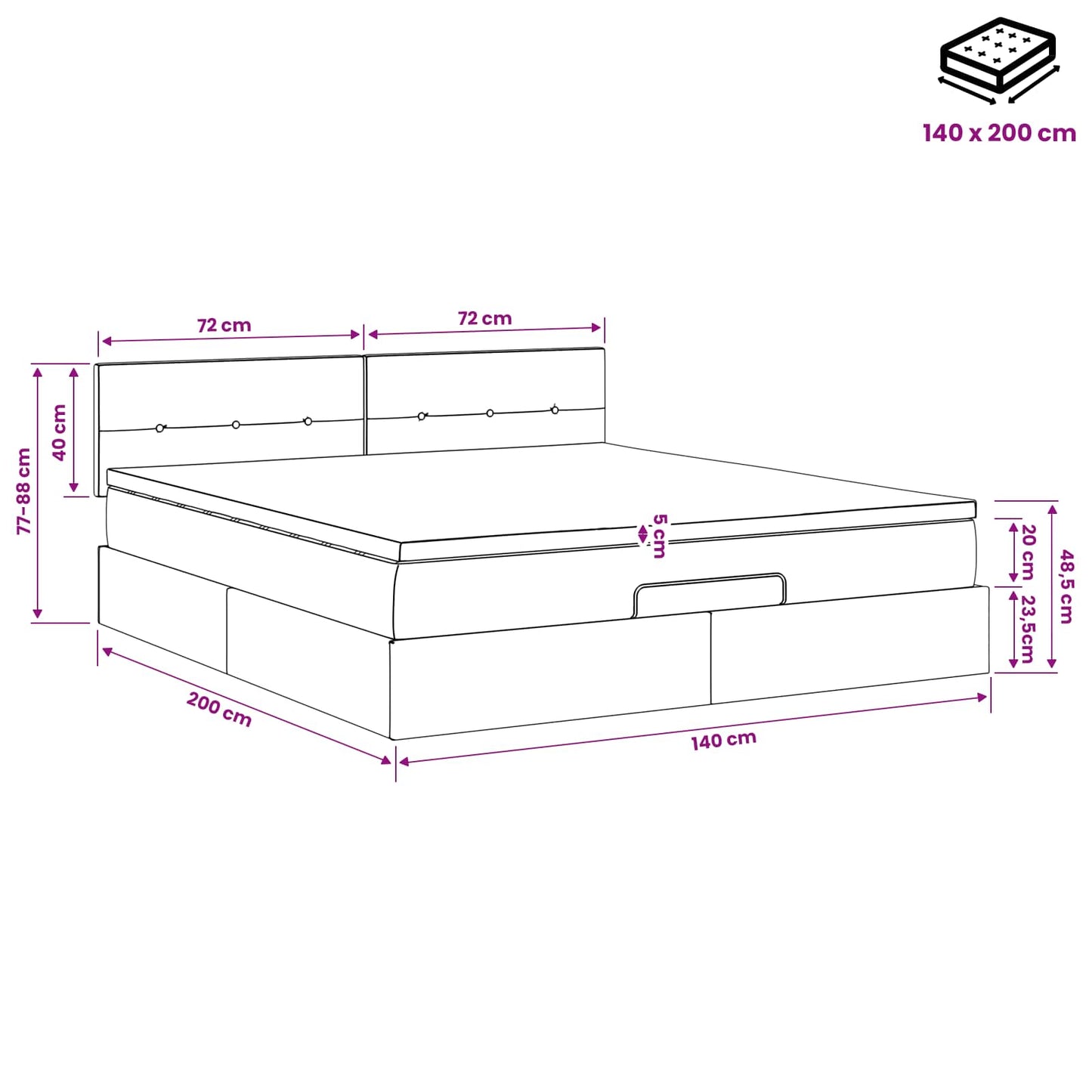 vidaXL Κρεβάτι Ottoman με στρώμα με κεφαλάρι Μπλε 140 x 200 cm Ύφασμα