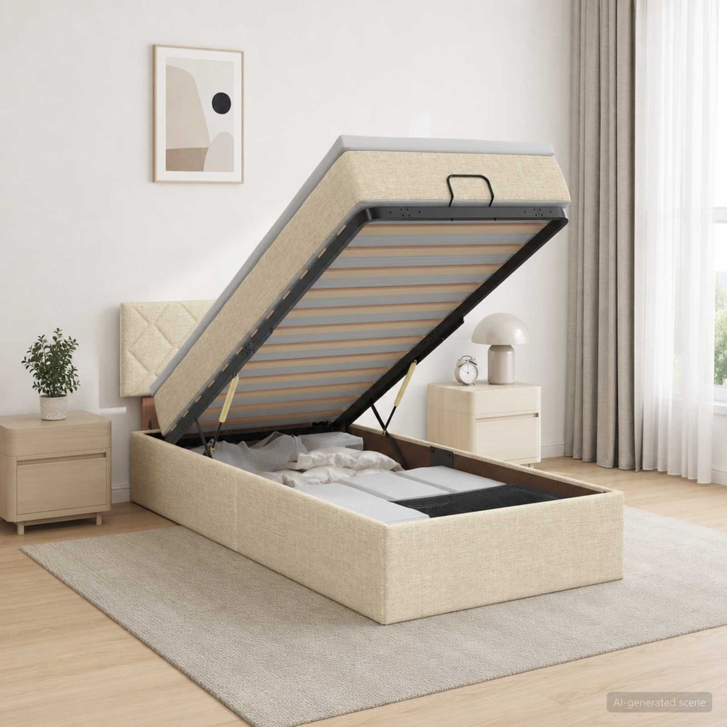 vidaXL Κρεβάτι Ottoman με Στρώμα και LED Κρεμ 100 x 200 cm Ύφασμα
