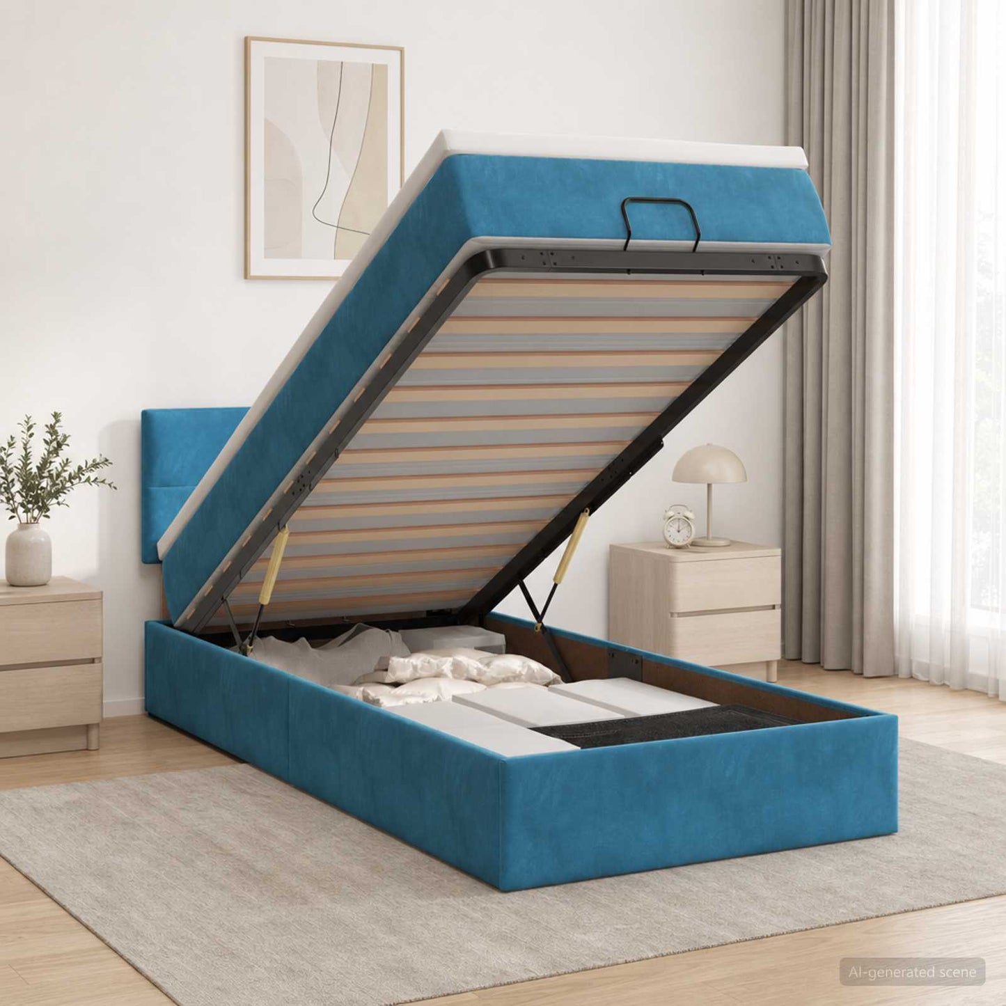 vidaXL Κρεβάτι Ottoman με Στρώμα και LED Σκούρο Μπλε 90 x 190 cm
