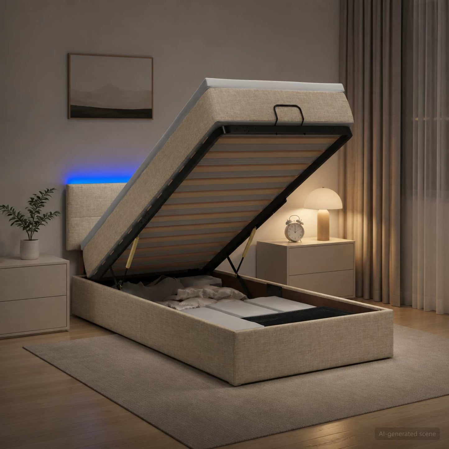 vidaXL Κρεβάτι Ottoman με Στρώμα και LED Κρεμ 90 x 200 cm Ύφασμα