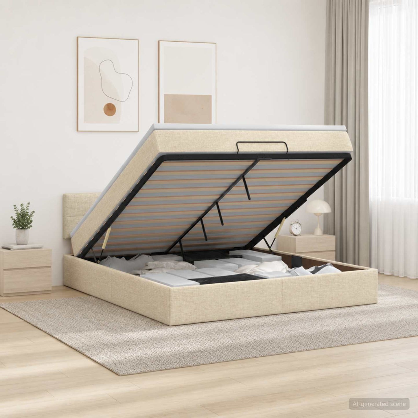 vidaXL Κρεβάτι Ottoman με Στρώμα και LED Κρεμ 160 x 200 cm Ύφασμα