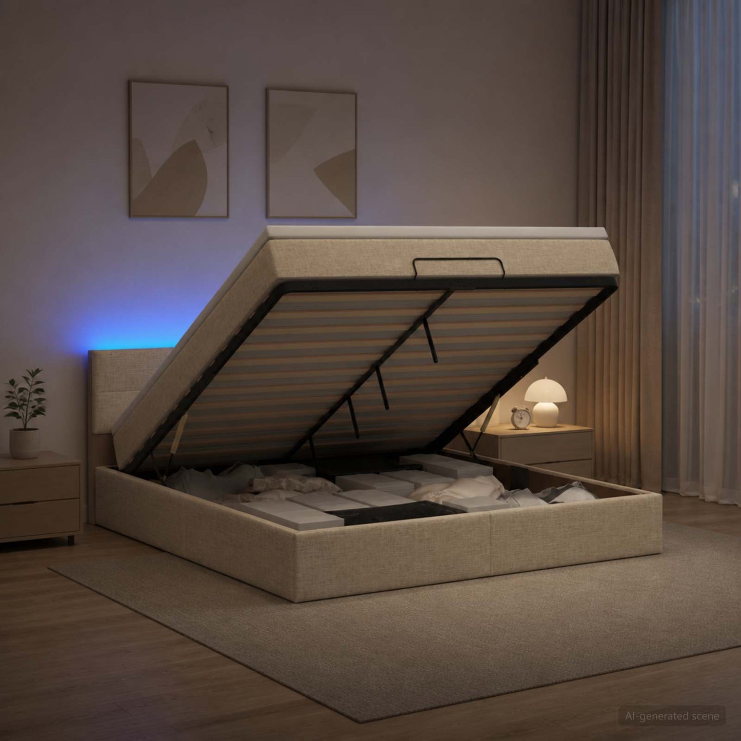 vidaXL Κρεβάτι Ottoman με Στρώμα και LED Κρεμ 140 x 190 cm Ύφασμα