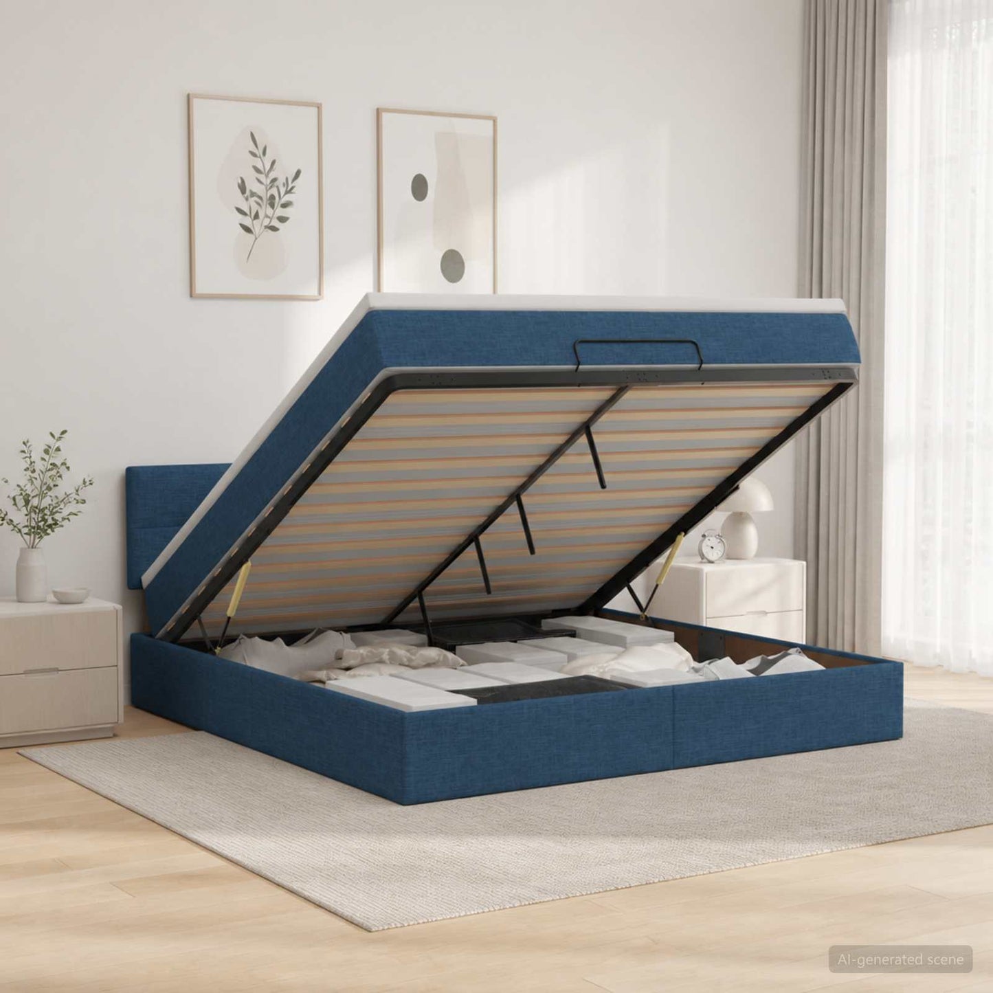 vidaXL Κρεβάτι Ottoman με Στρώμα και LED Μπλε 180 x 200 cm Ύφασμα
