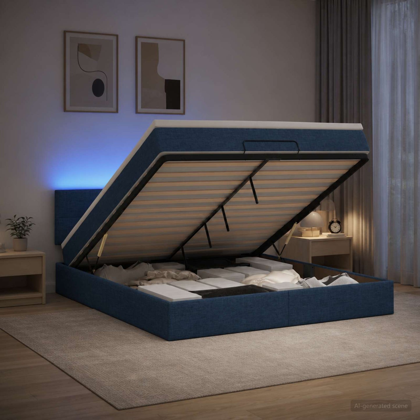vidaXL Κρεβάτι Ottoman με Στρώμα και LED Μπλε 180 x 200 cm Ύφασμα