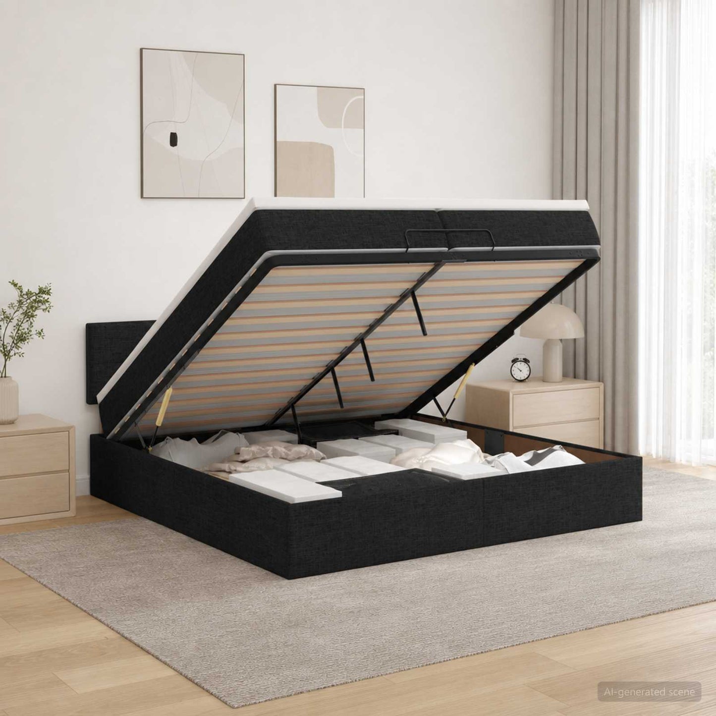 vidaXL Κρεβάτι Ottoman με στρώμα με κεφαλάρι Μαύρο 200 x 200 cm Ύφασμα