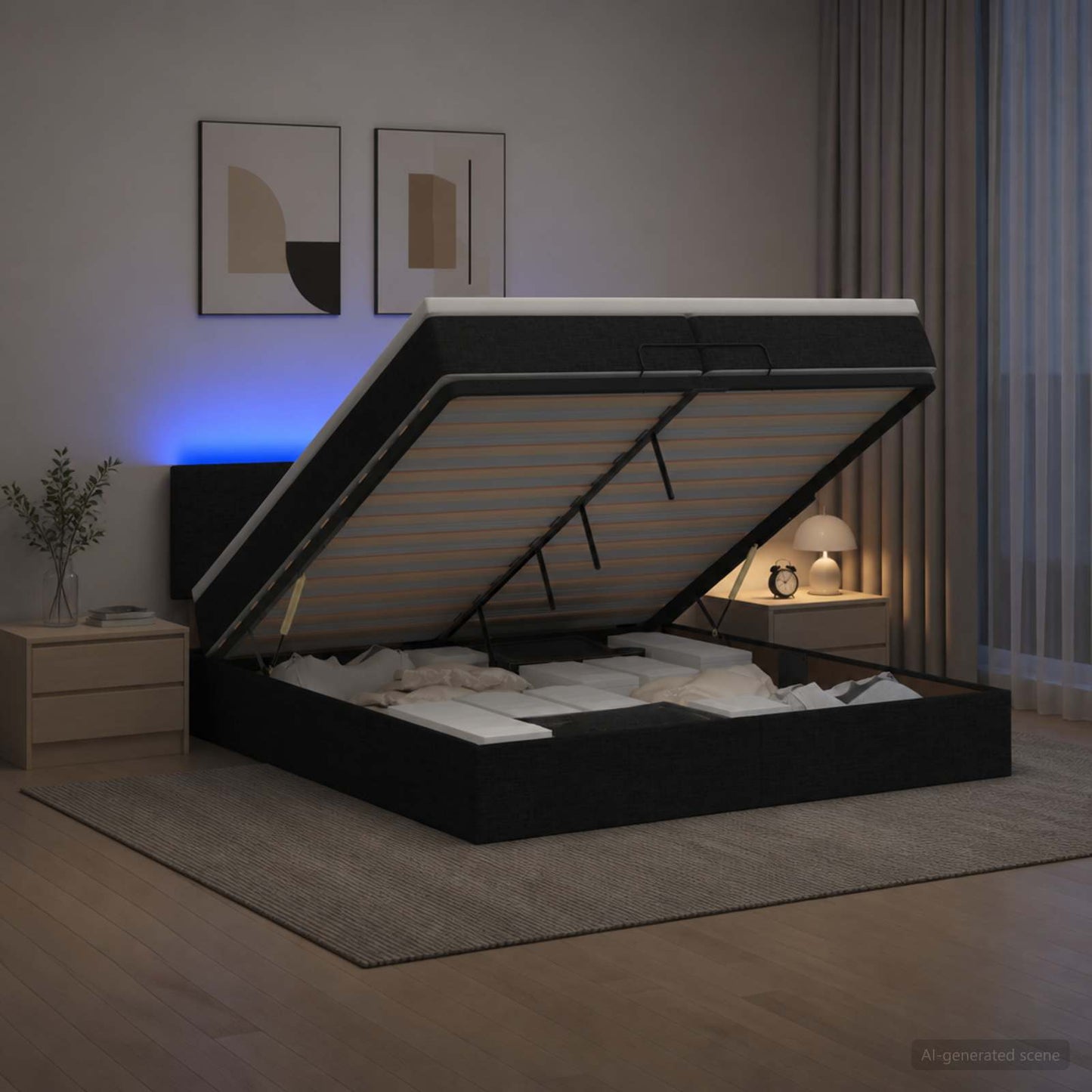 vidaXL Κρεβάτι Ottoman με Στρώμα και LED Μαύρο 200 x 200 cm Ύφασμα