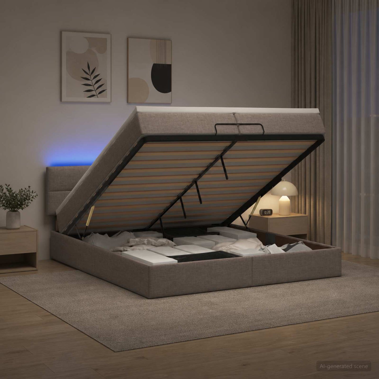 vidaXL Κρεβάτι Ottoman με Στρώμα και LED Taupe 200 x 200 cm Ύφασμα