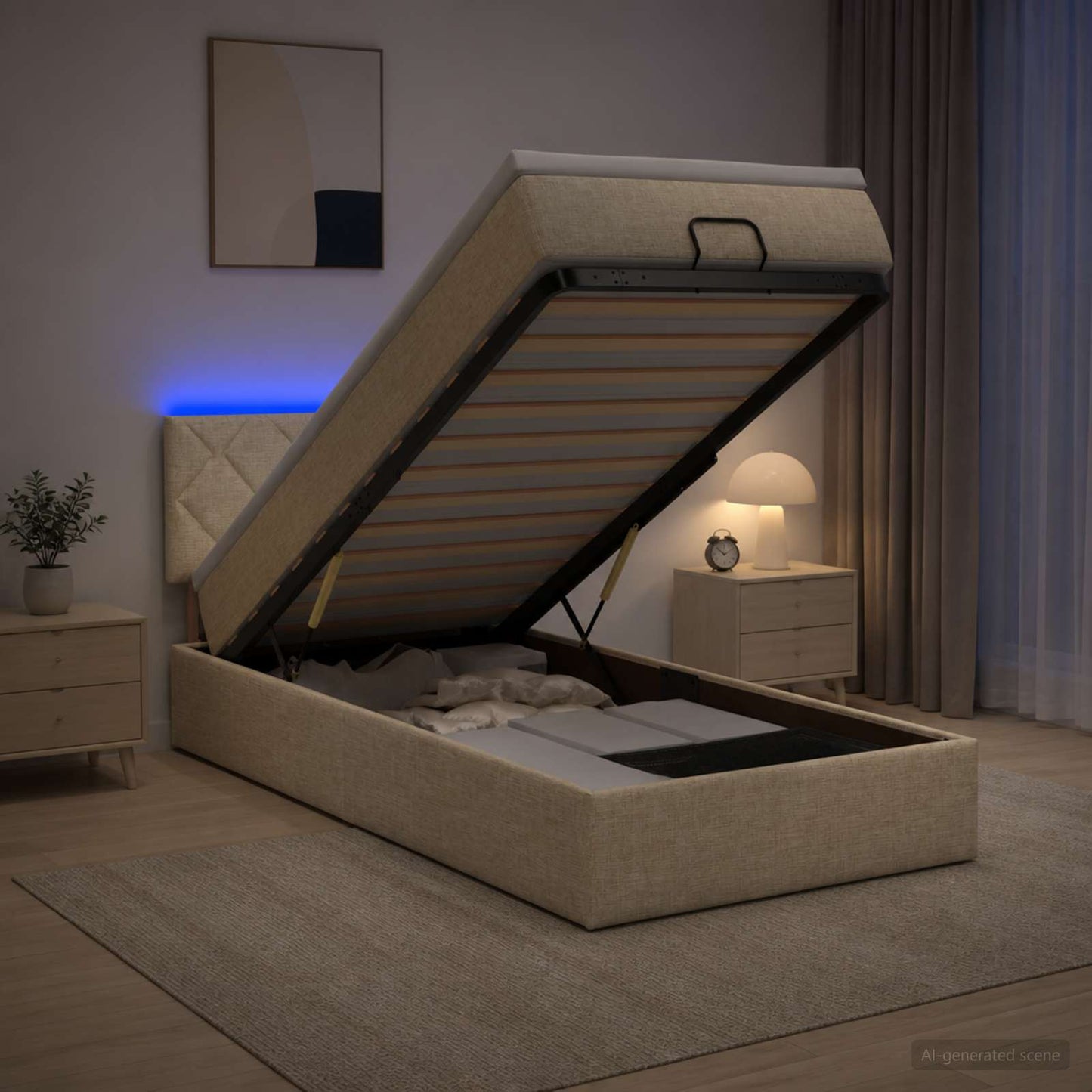 vidaXL Κρεβάτι Ottoman με Στρώμα και LED Κρεμ 90 x 190 cm Ύφασμα