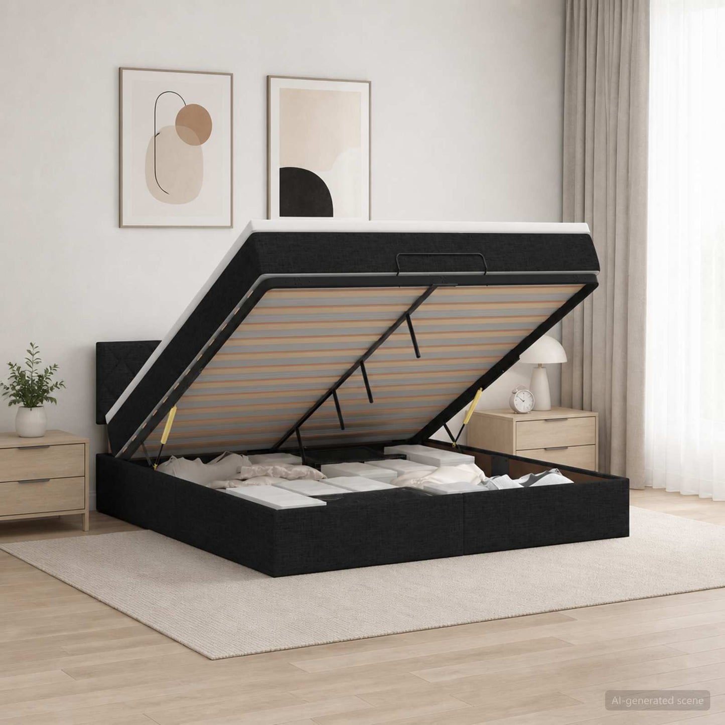 vidaXL Κρεβάτι Ottoman με Στρώμα και LED Μαύρο 160 x 200 cm Ύφασμα
