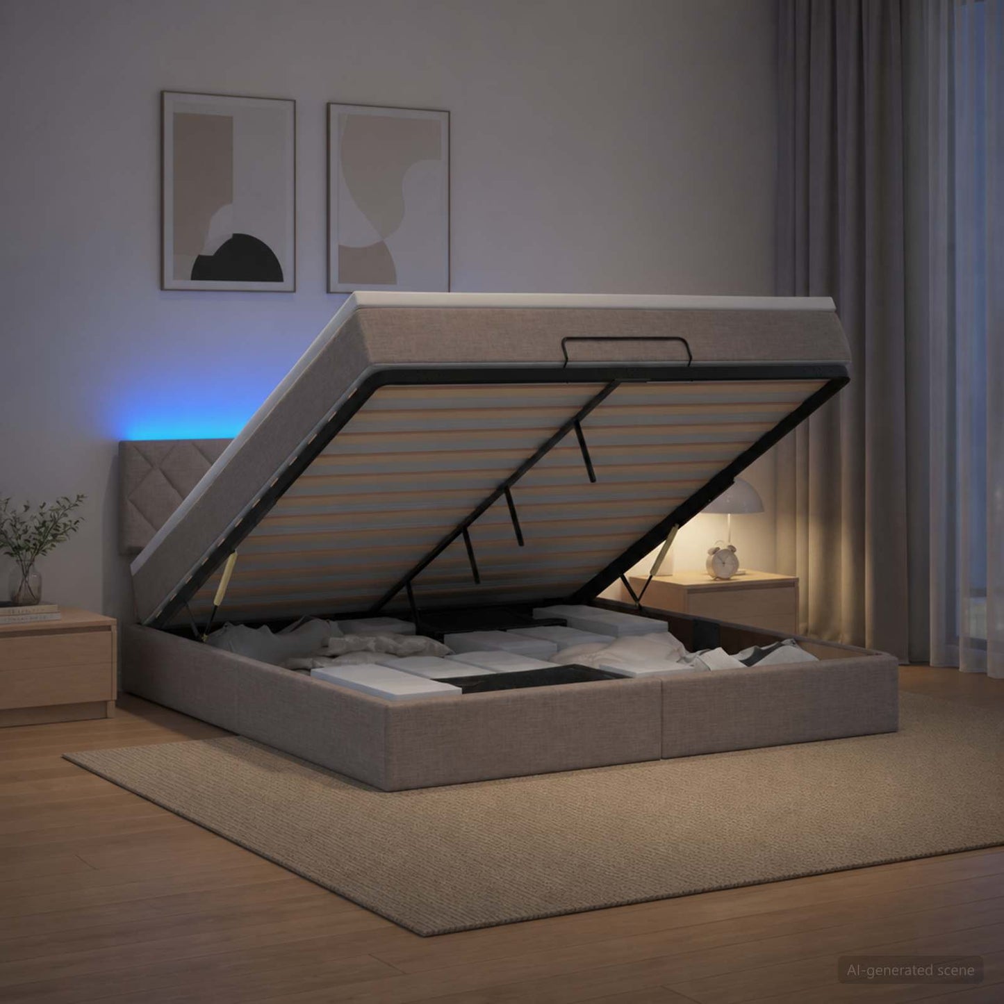 vidaXL Κρεβάτι Ottoman με Στρώμα και LED Taupe 140 x 190 cm Ύφασμα
