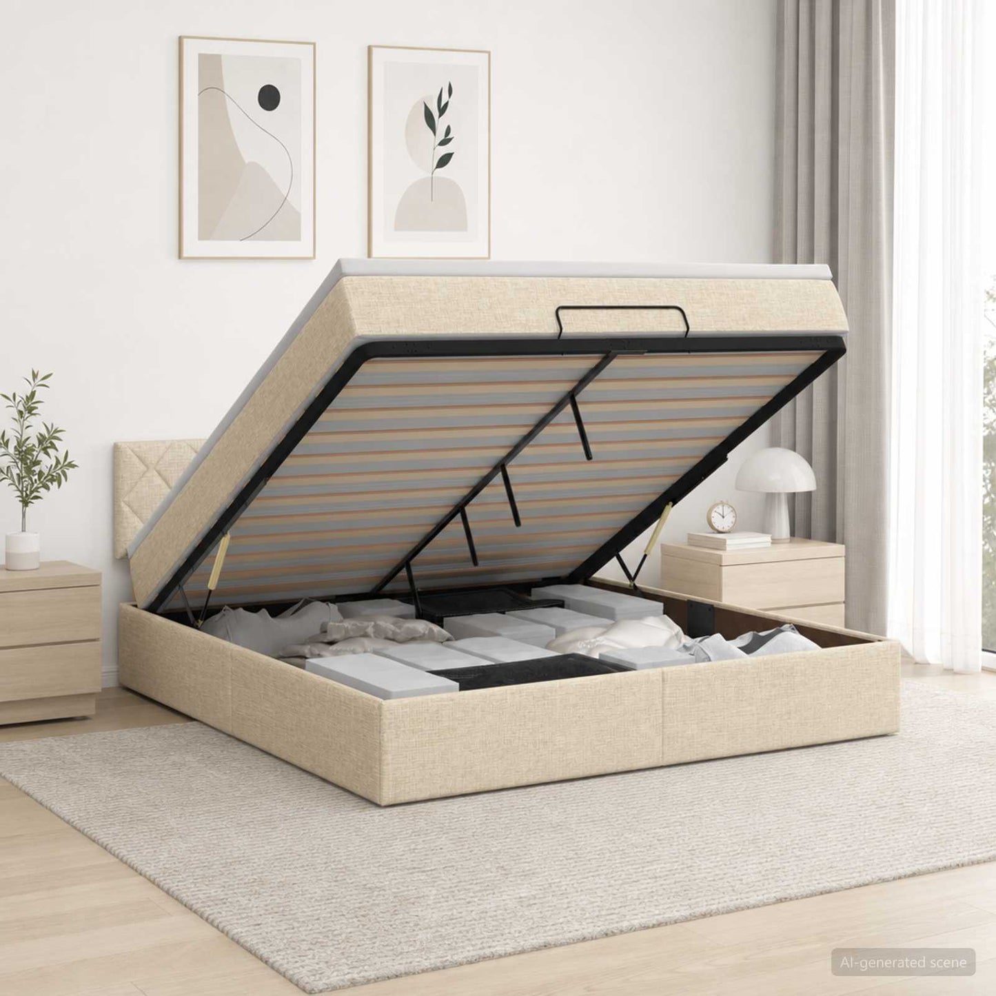 vidaXL Κρεβάτι Ottoman με στρώμα με κεφαλάρι Κρεμ 180 x 200 cm Ύφασμα