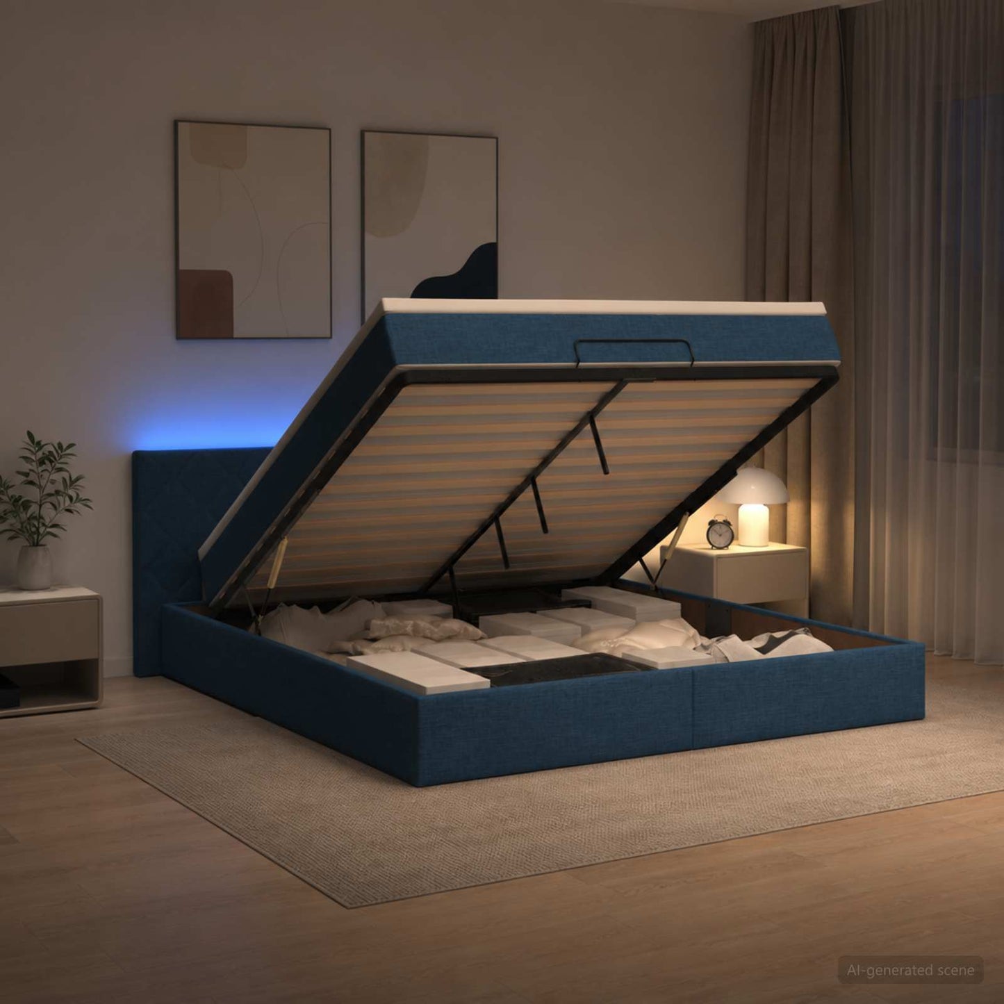 vidaXL Κρεβάτι Ottoman με Στρώμα και LED Μπλε 140 x 200 cm Ύφασμα