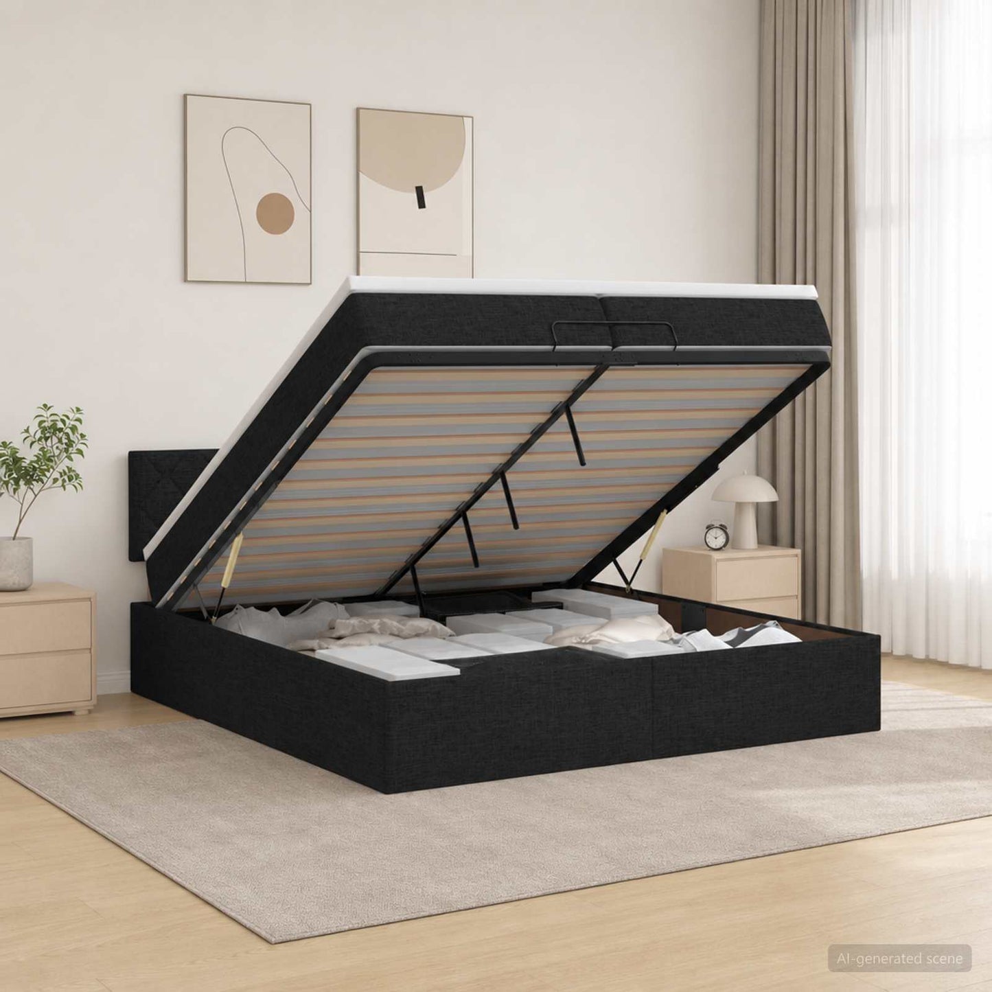vidaXL Κρεβάτι Ottoman με Στρώμα και LED Μαύρο 200 x 200 cm Ύφασμα