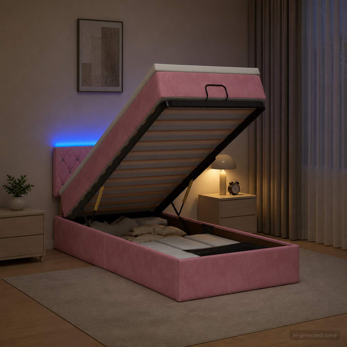 vidaXL Κρεβάτι Ottoman με Στρώμα και LED Ροζ 90 x 200 cm Βελούδο
