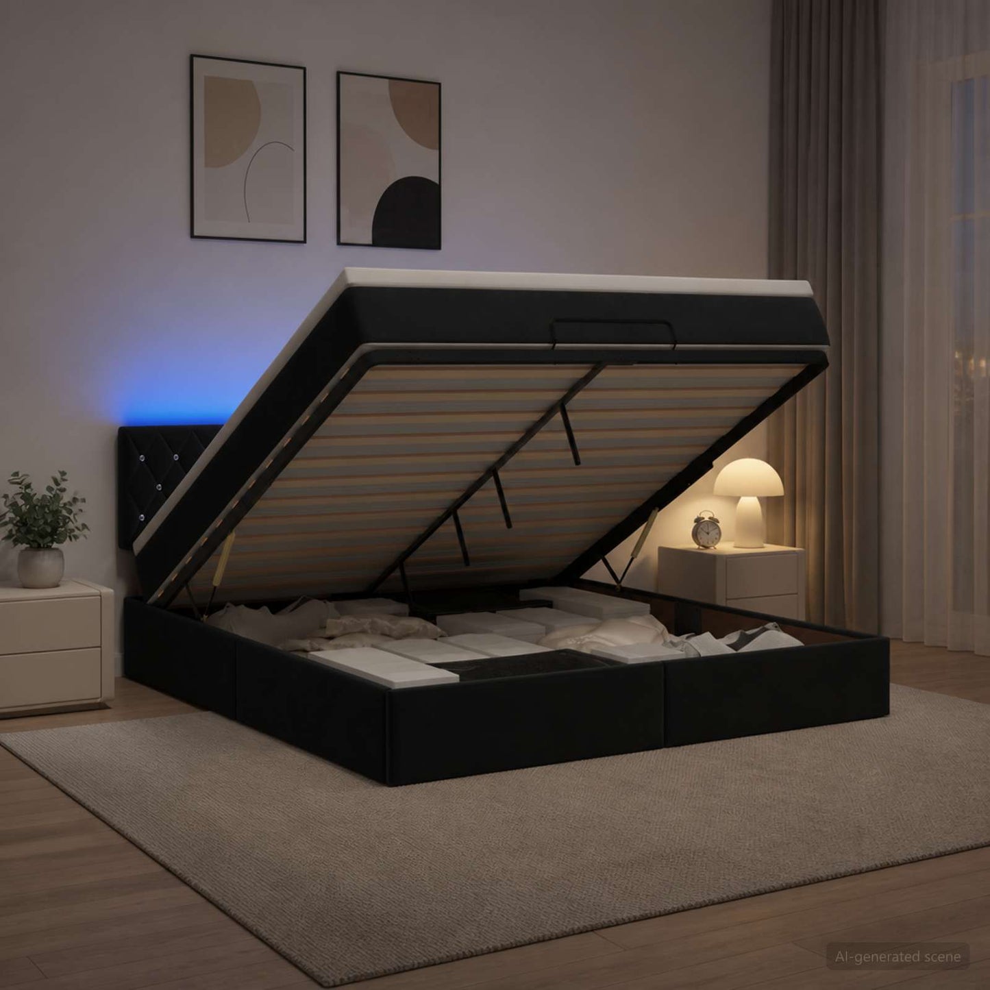 vidaXL Κρεβάτι Ottoman με Στρώμα και LED Μαύρο 160 x 200 cm Βελούδο