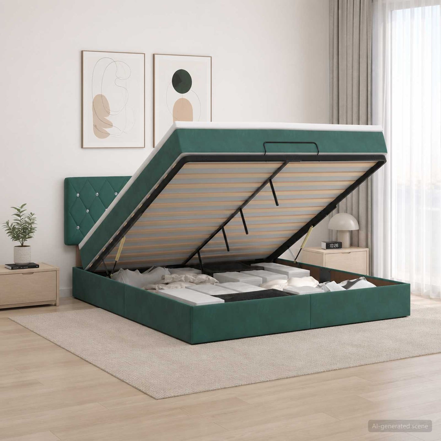 vidaXL Κρεβάτι Ottoman με Στρώμα και LED Σκούρο Πράσινο 180 x 200 cm