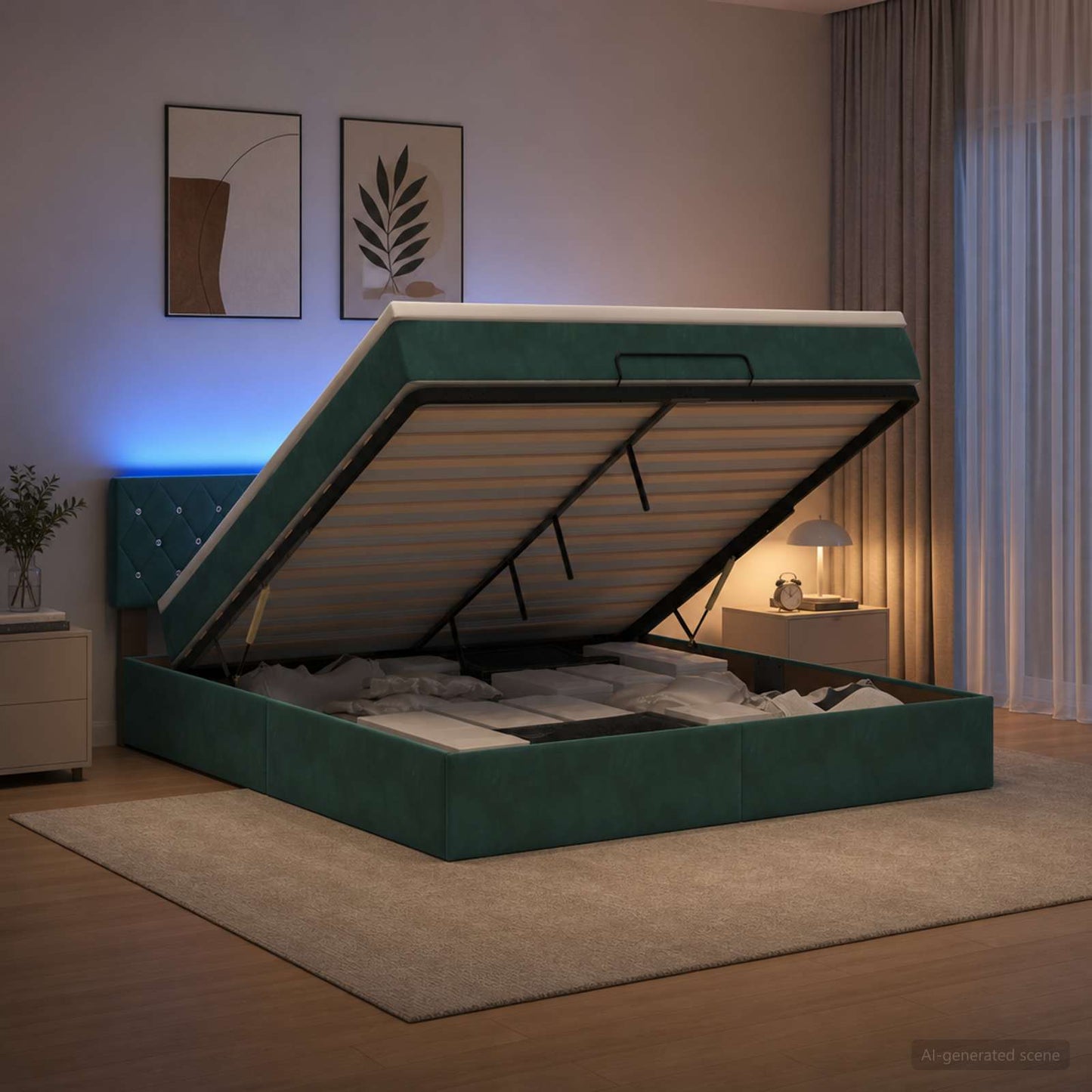 vidaXL Κρεβάτι Ottoman με Στρώμα και LED Σκούρο Πράσινο 180 x 200 cm