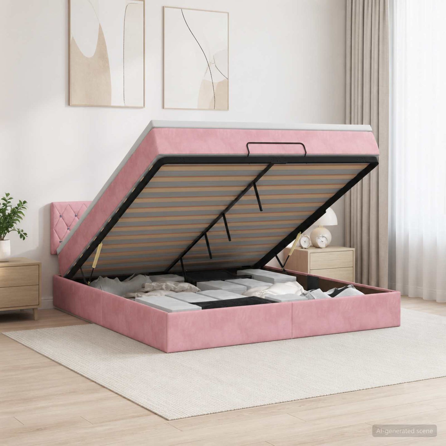 vidaXL Κρεβάτι Ottoman με Στρώμα και LED Ροζ 160 x 200 cm Βελούδο